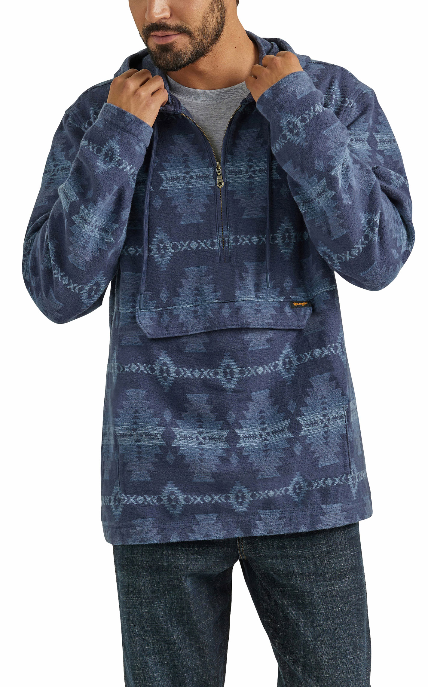 Wrangler Men's Navy Aztec 1/4 Zip Pullover Hoodie - Image 1
