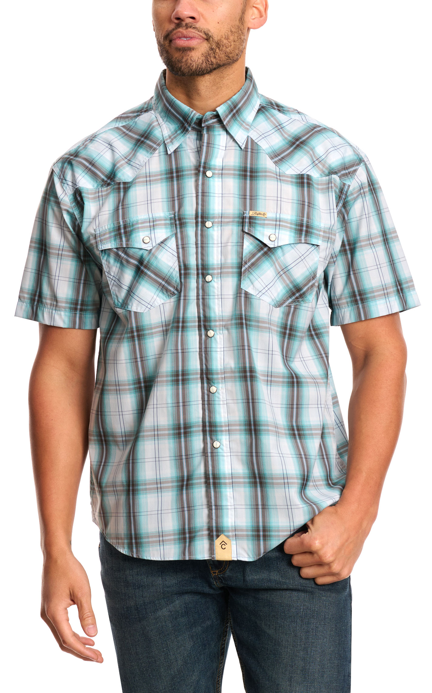 Rafter C Outdoors Men's Chocolate & Sea Green Plaid Fishing Shirt - Image 1