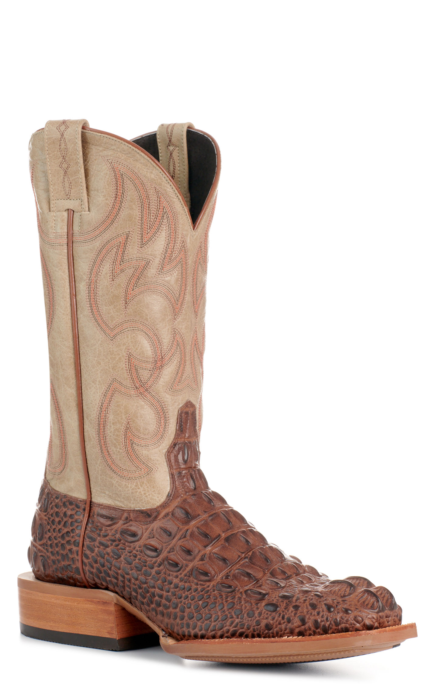 Cavender's Men's Intrepid Antique Cognac Hornback Alligator Print and Bone Wide Square Toe Cowboy Boots - Image 1