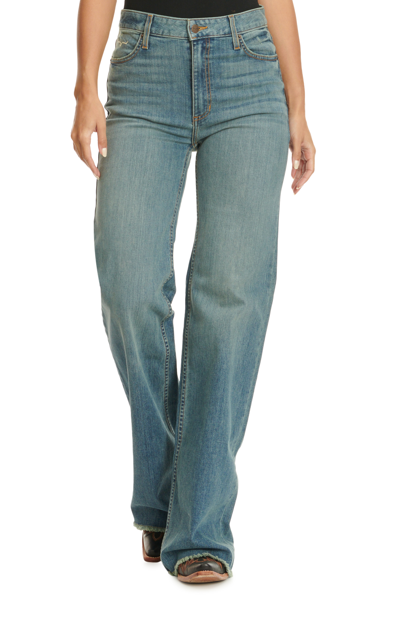 Kimes Ranch Women's Olivia Medium Wash High Rise Raw Hem Wide Leg Jeans - Image 1