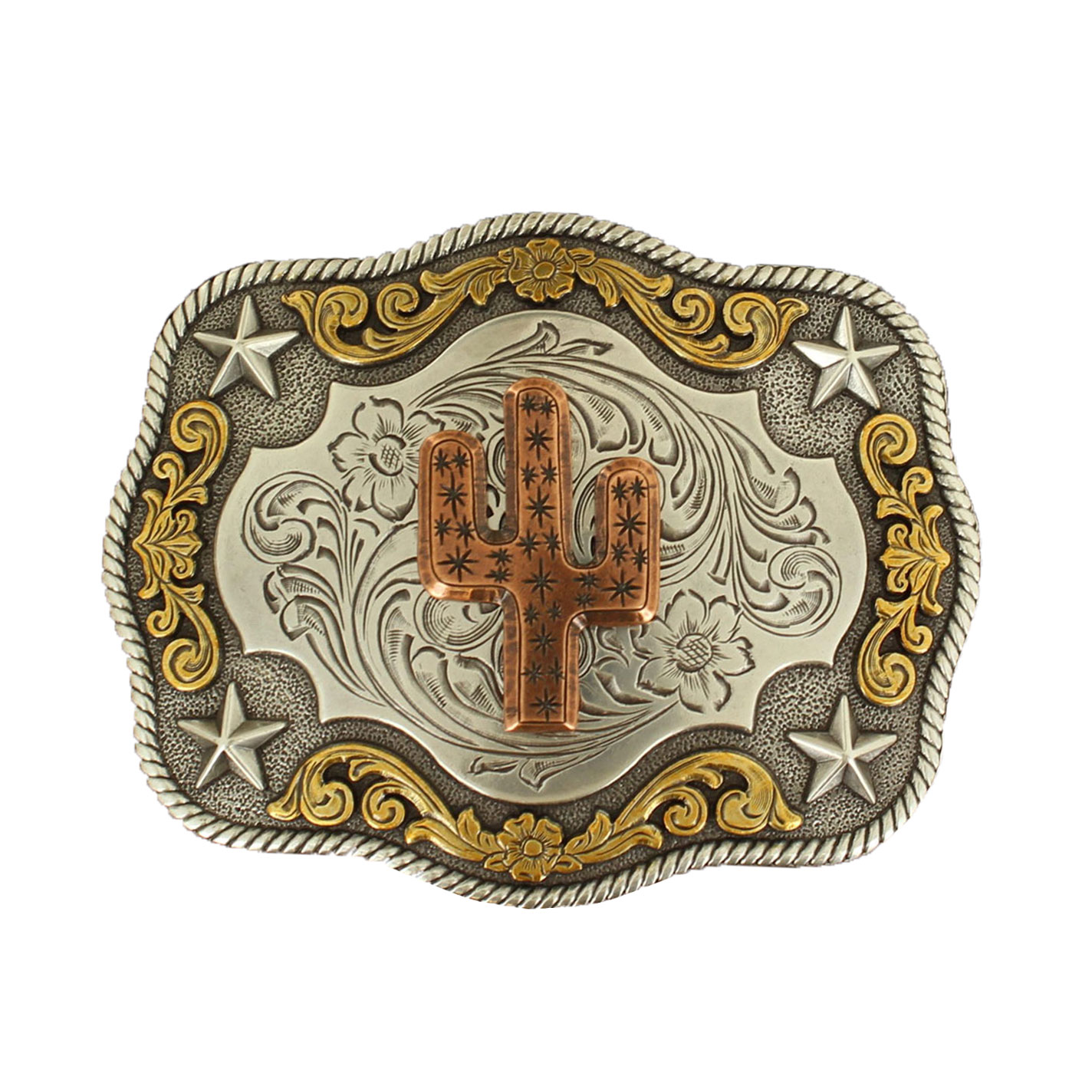 M&F Western Silver and Gold with Copper Cactus Rectangle Belt Buckle - Image 1
