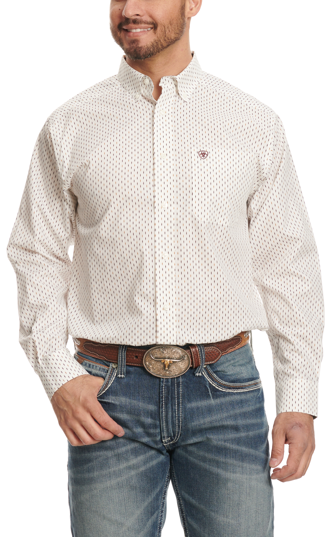 Ariat Men's Izzy Cream Black & Antique Gold Geo Print Western Shirt - Image 1