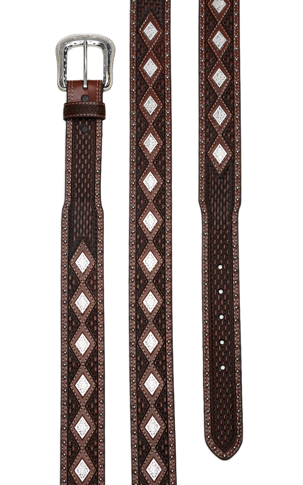 Cowboy Chrome Men's Brown Basket Weave with Diamond Concho Western Belt - Image 1