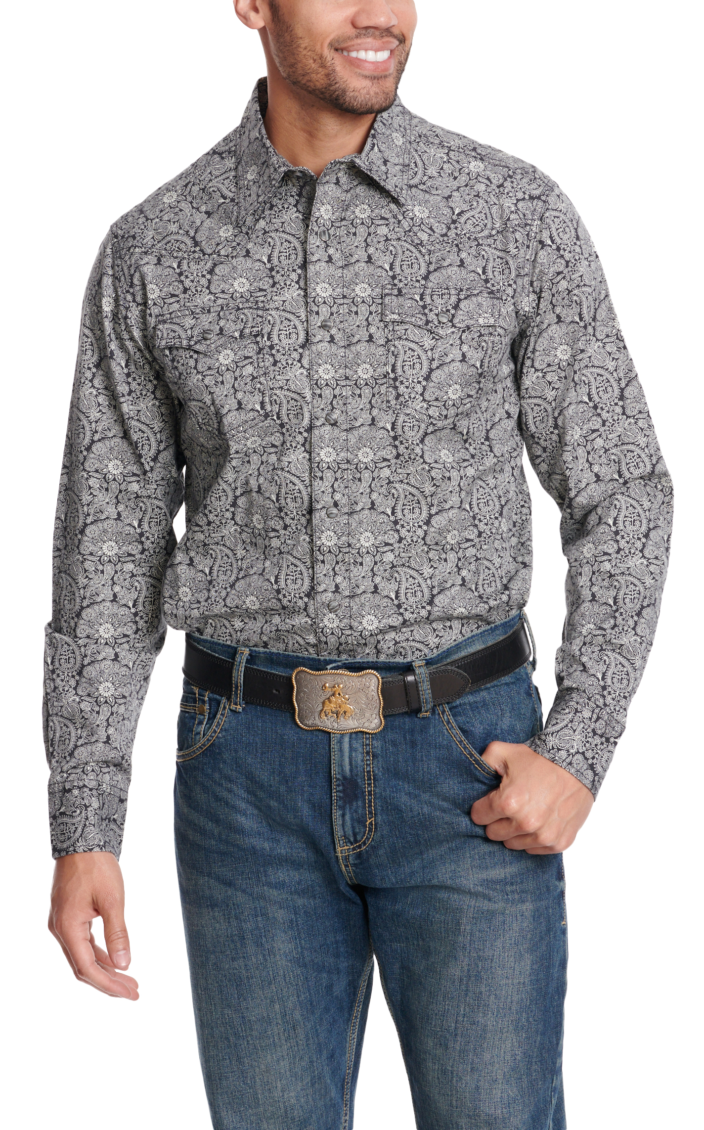 Wrangler Retro Men's Black & Gray Paisley Print Western Shirt - Image 1