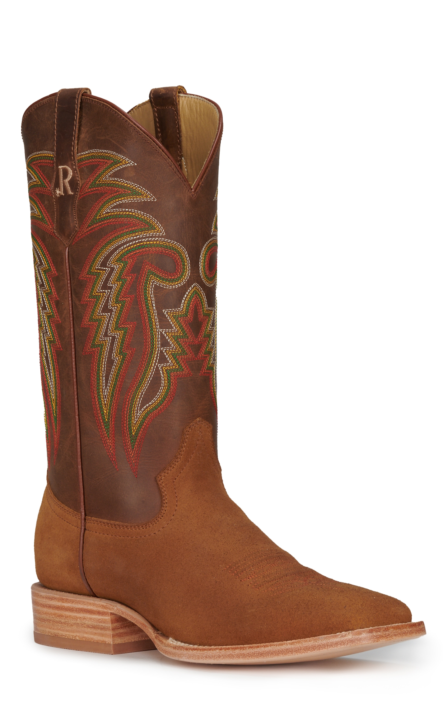R Watson Men's Tan Roughout and Arizona Tan Wide Square Toe Cowboy Boots - Image 1