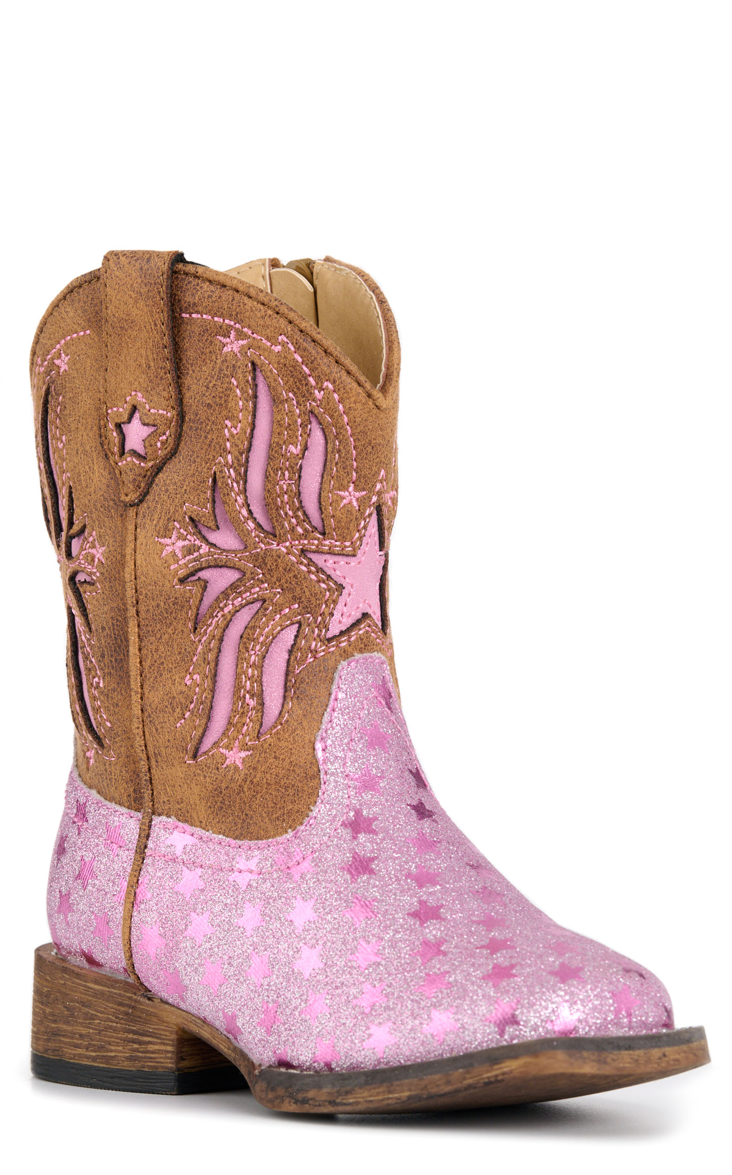 Roper Toddler’s Pink Glitter and Brown Starlet Leather Short Square Toe Cowboy Boots - Image 1