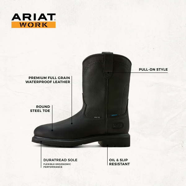 Ariat Men's Black Sierra H2O Round Steel Toe Work Boots - Image 1