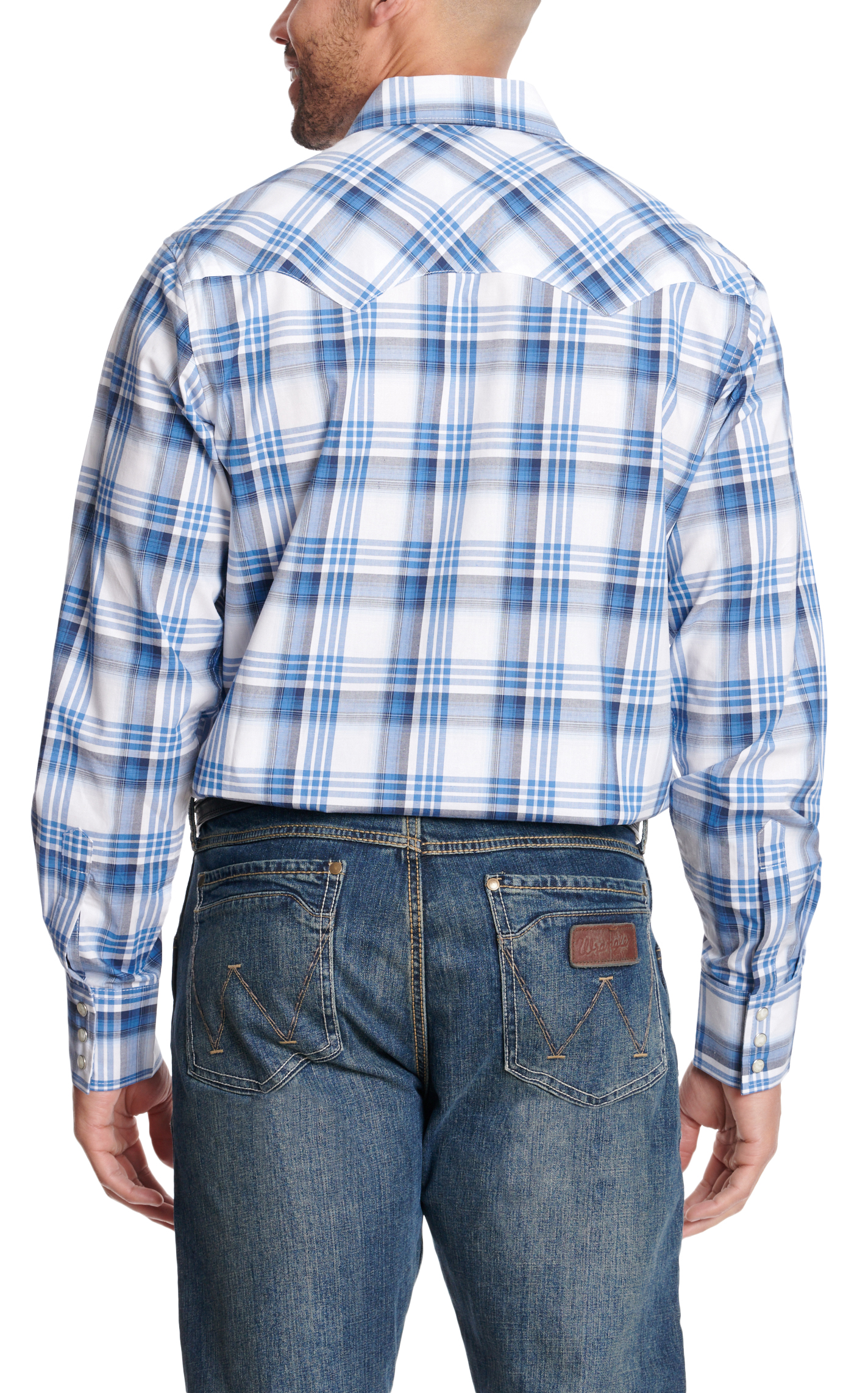 Wrangler Retro Men's White Royal Blue & Black Plaid Western Shirt - Image 1