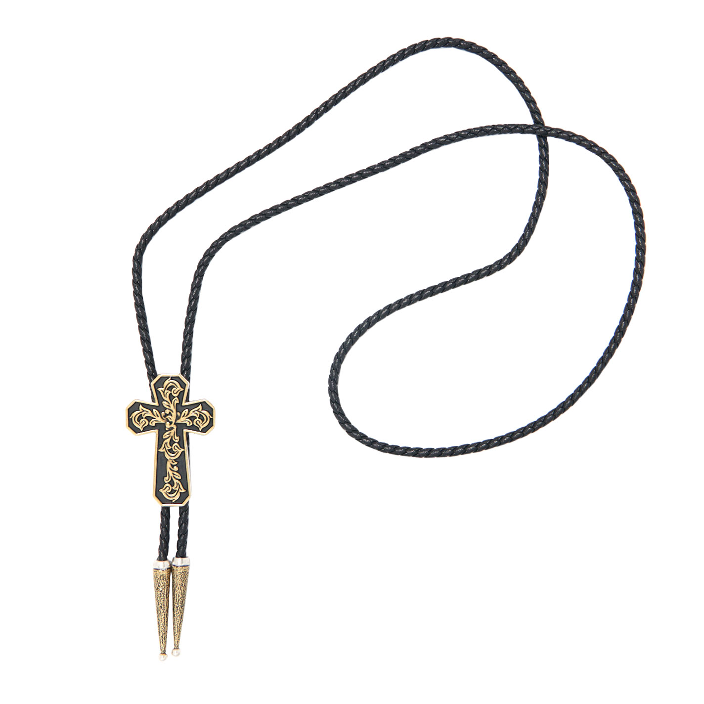 Montana Silversmiths Gold and Black Filigree Center Cross Bolo Tie - Image 1