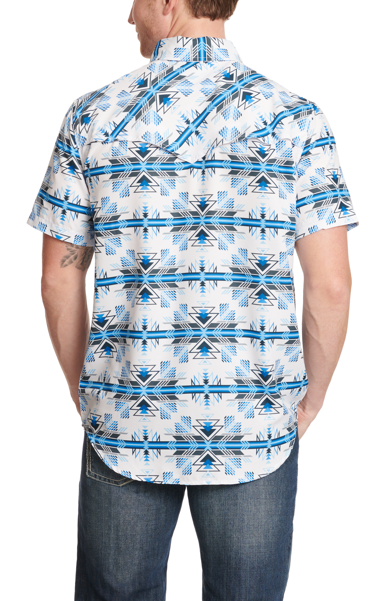 Rock & Roll Denim Men's Shades of Blue Aztec Print TEK Western Short Sleeve Shirt - Image 1