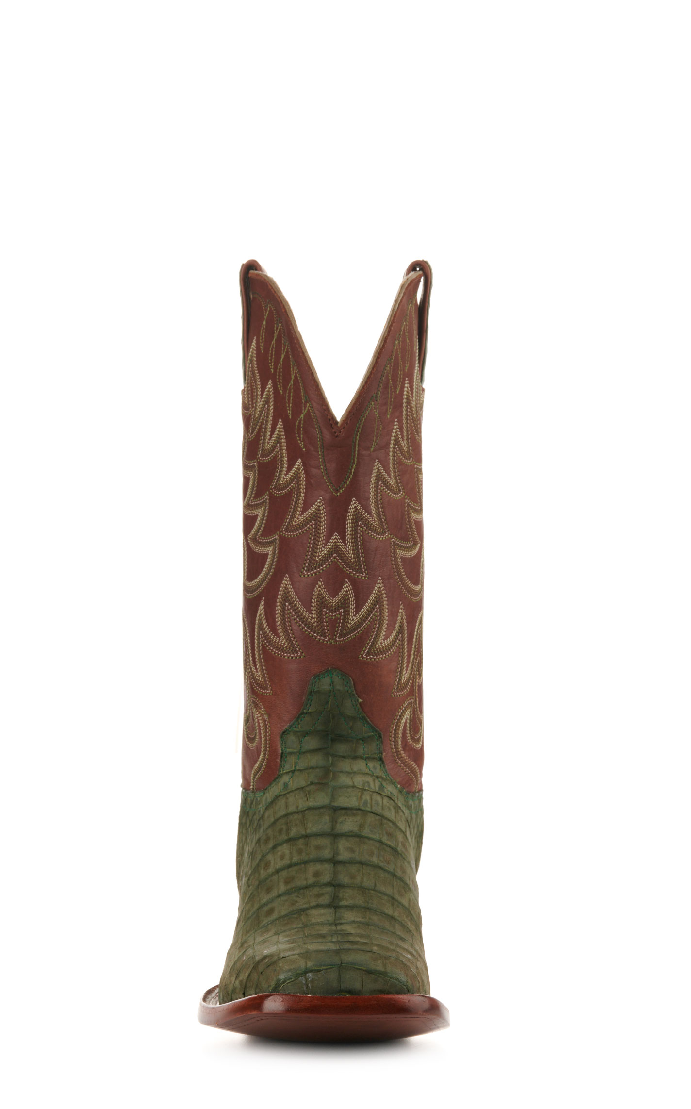 Cavender's Men's Brown and Green Sueded Caiman Wide Square Toe Exotic Cowboy Boots - Image 1