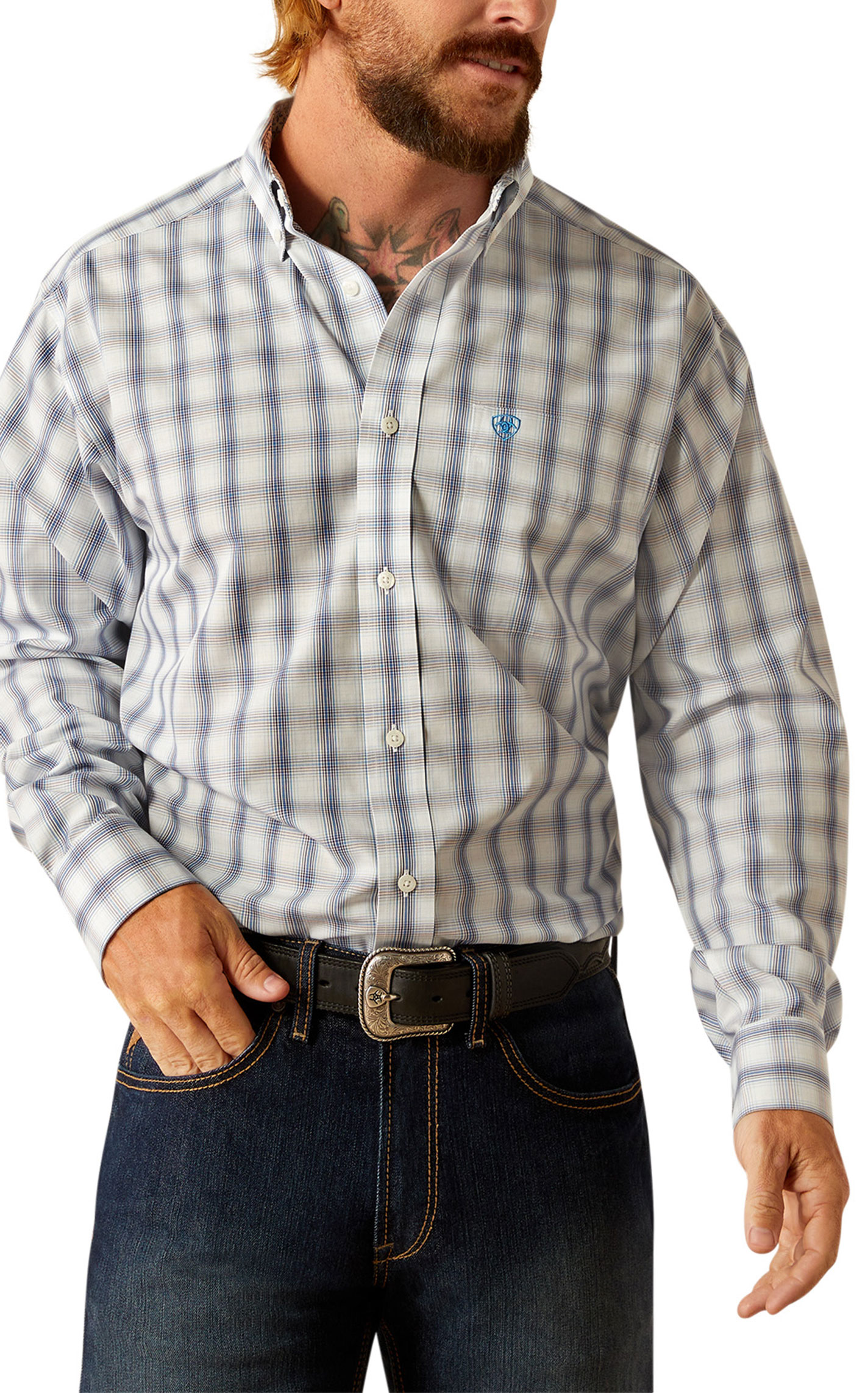 Ariat Men's Briar Navy & White Plaid Western Shirt - Image 1