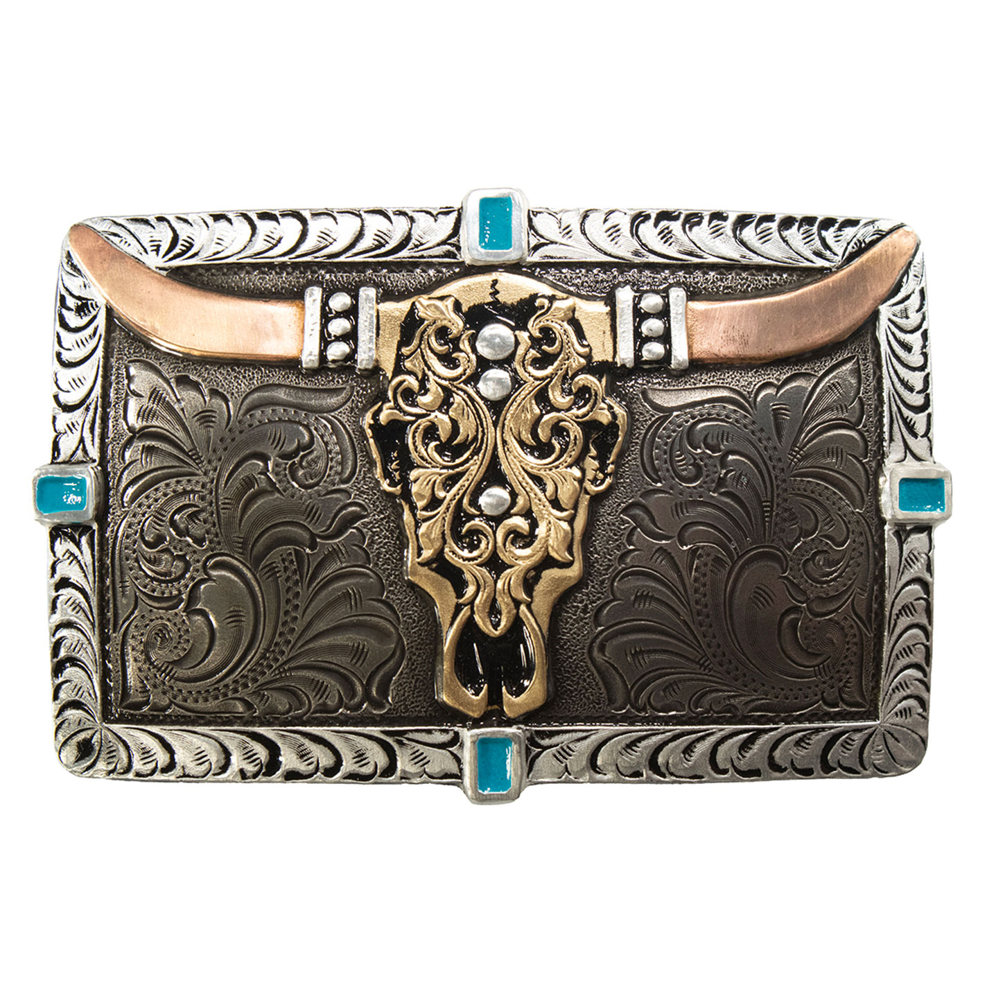 Crumrine Longhorn Skull Floral Rectangle Two Tone Buckle - Image 1