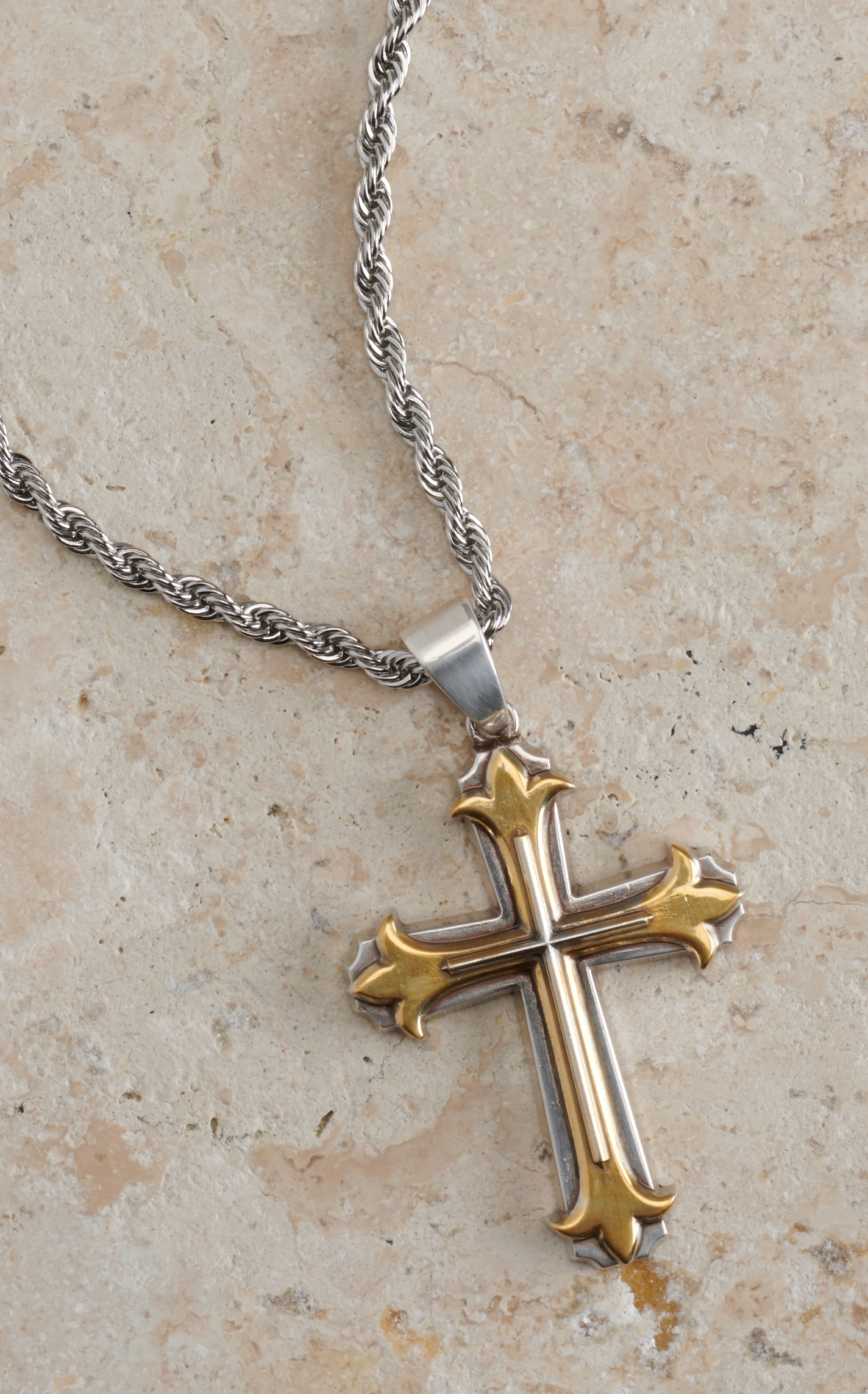 Twister Men's Silver with 3D Gold and Silver Cross Necklace - Image 1