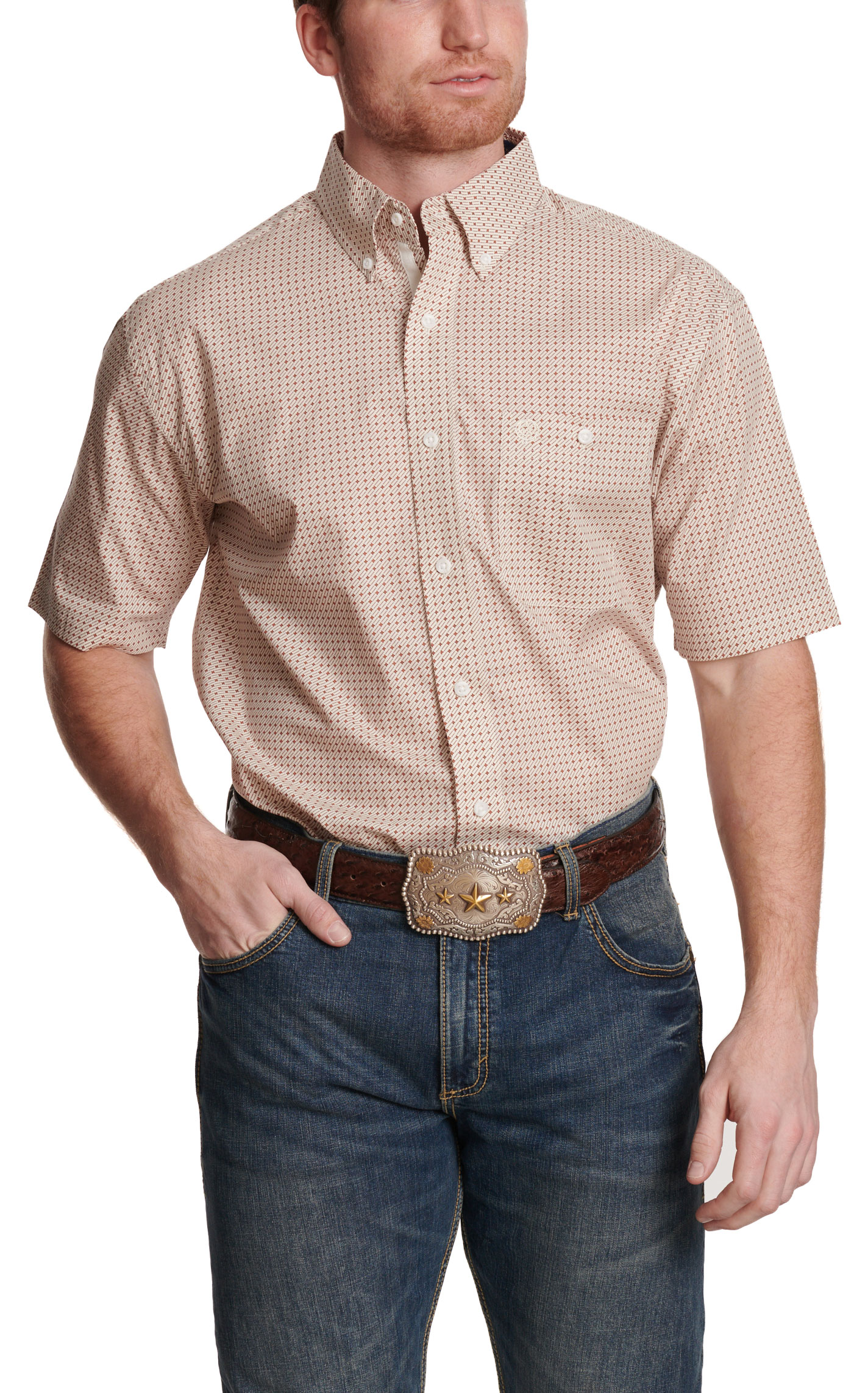 Wrangler Men's George Strait White & Rust Geo Print Western Shirt - Image 1