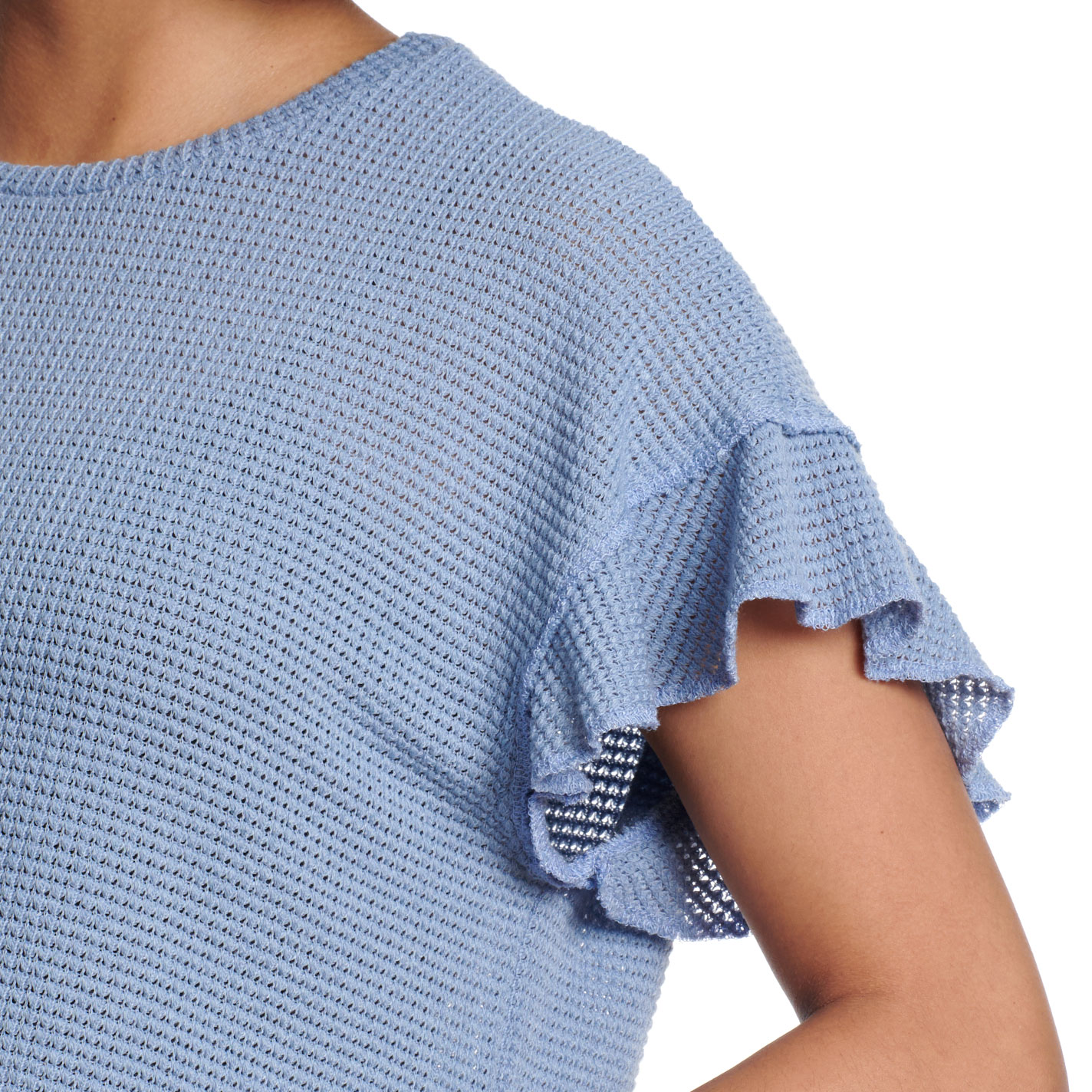 Moa Moa Women's Denim Blue Ruffle Sleeve Knit Cropped Top - Image 1
