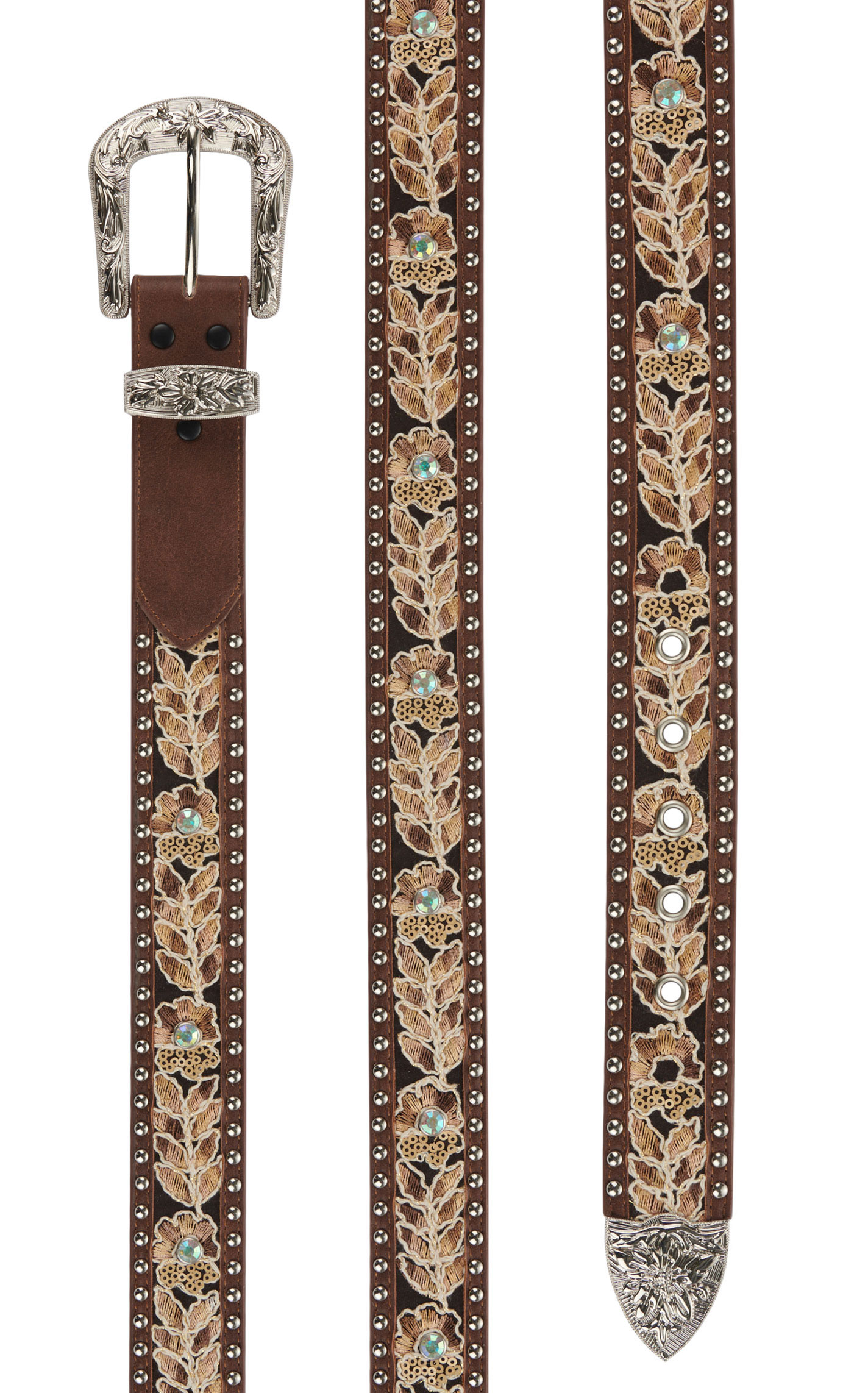 Angel Ranch Women's Brown Leather with Floral Embroidery Crystals and Studs Western Belt  - Image 1