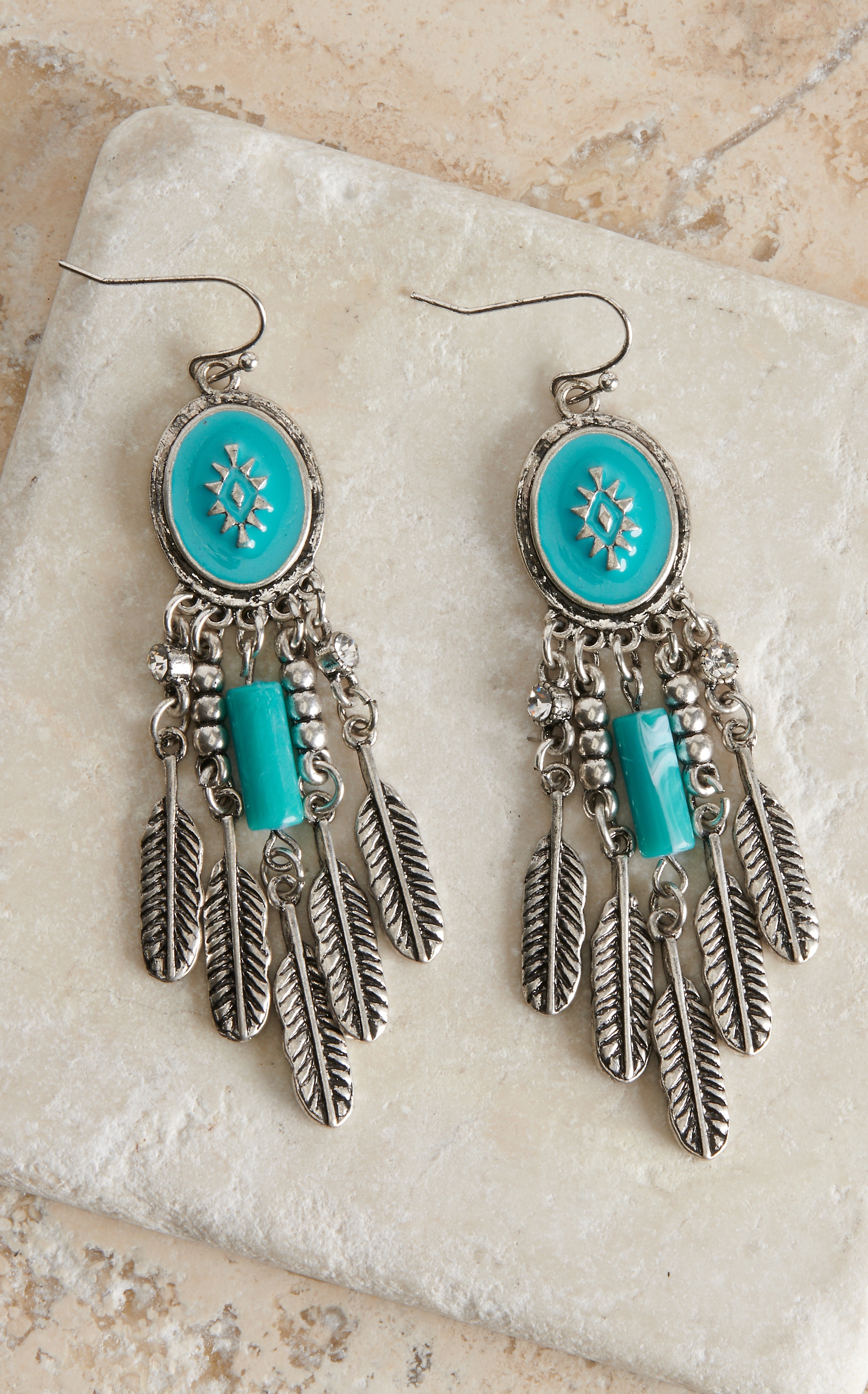 Blazin Roxx Fish Hook Turquoise Drop Feathers Earrings - Image 1