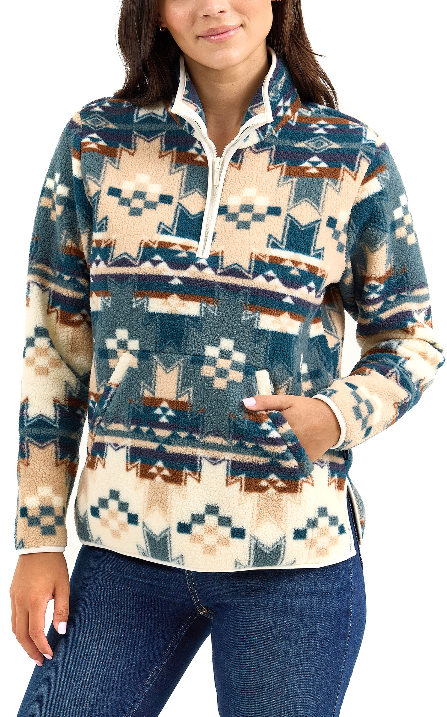 Wrangler Retro Women's Dusty Blue Aztec Print Sherpa Pullover - Image 1