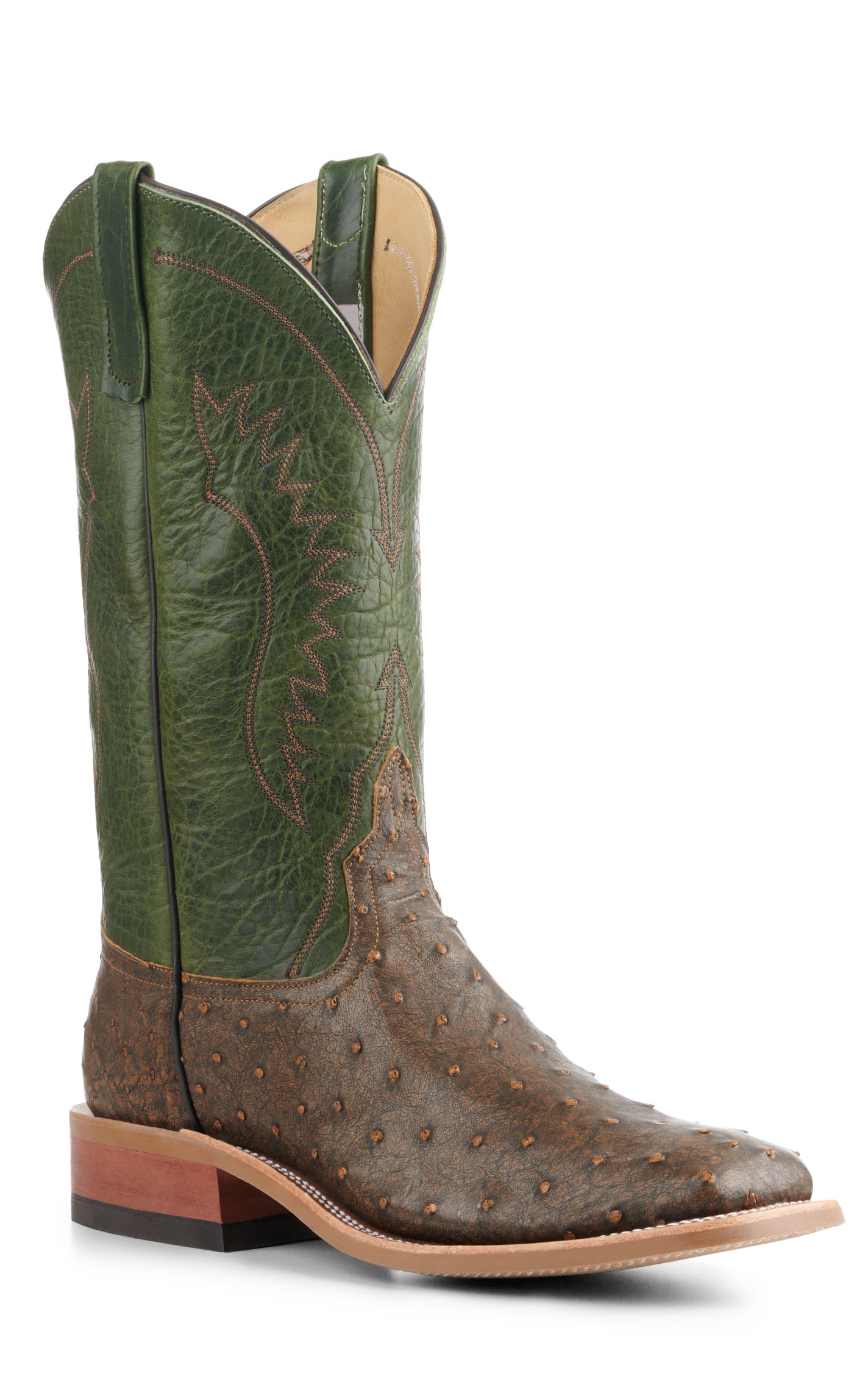 Anderson Bean Men's Jade and Antique Brown Full Quill Ostrich Square Toe Exotic Cowboy Boots - Image 1
