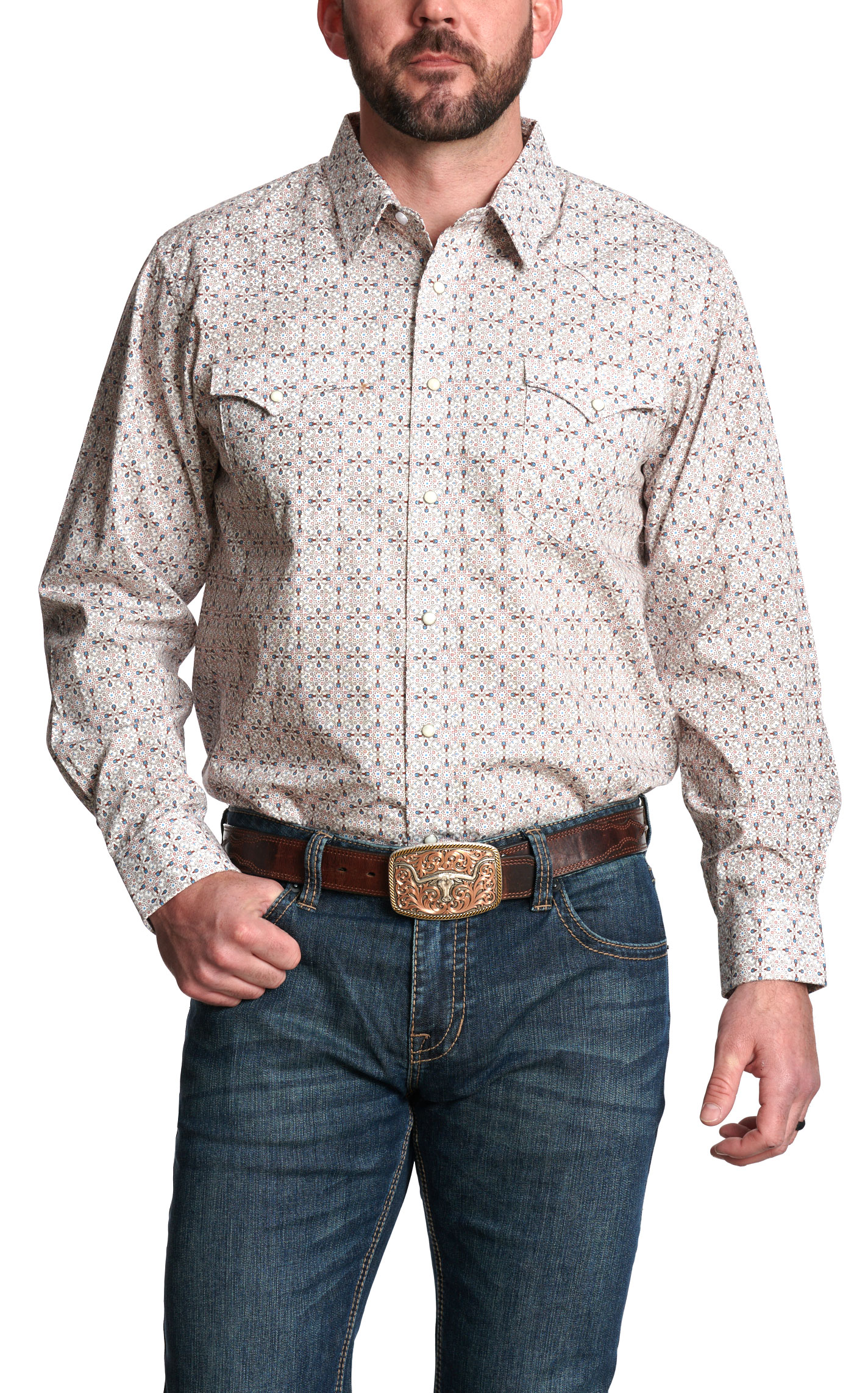 Panhandle Men’s White and Turquoise Geo Print Western Shirt - Image 1