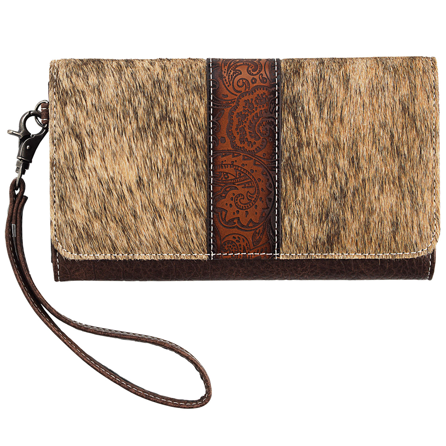 Nocona Brown and Tan Emmy Tooled Leather and Hair On Cowhide Wristlet Wallet - Image 1