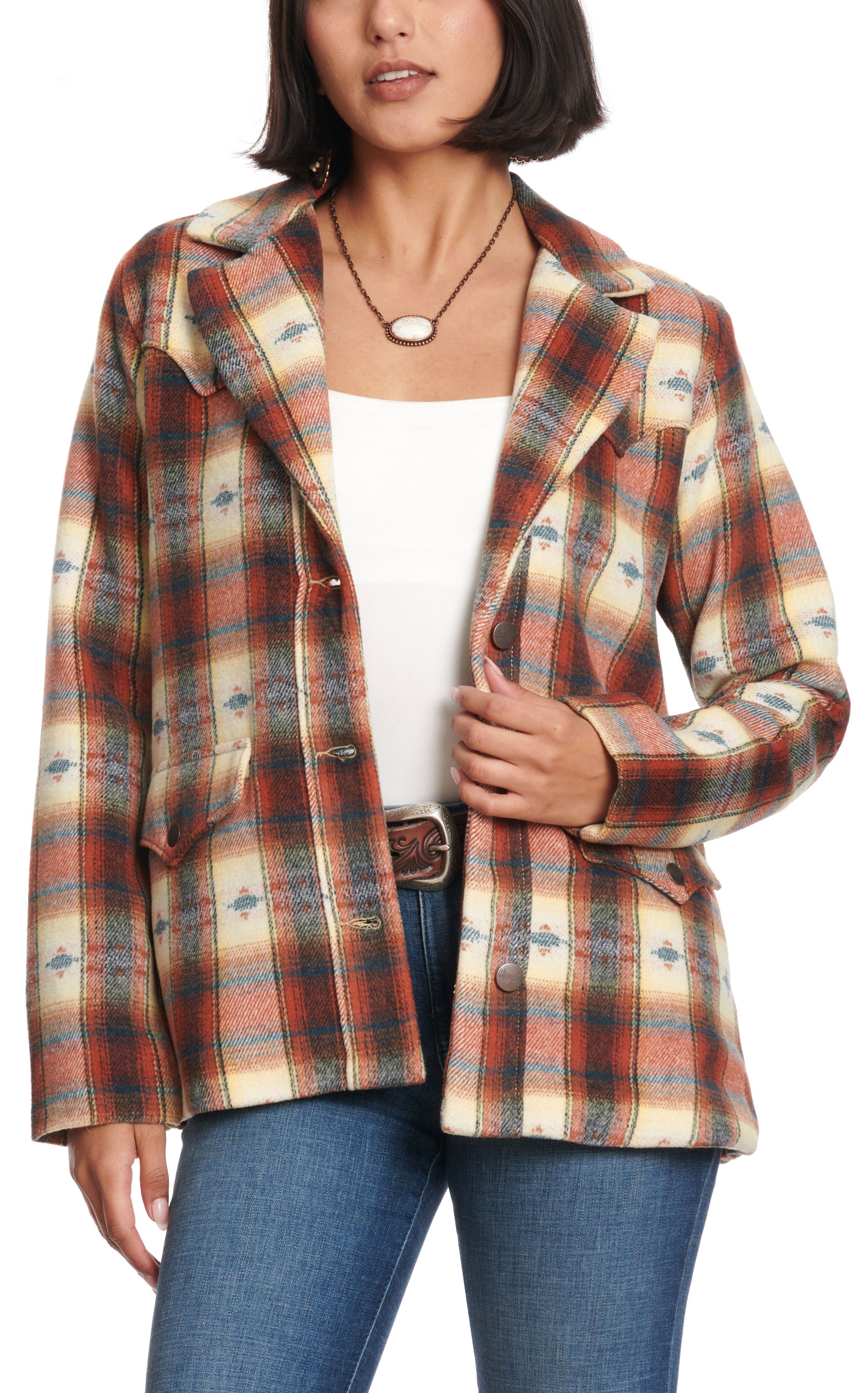Wrangler Women's Cream Rust & Navy Aztec Plaid Blazer - Image 1