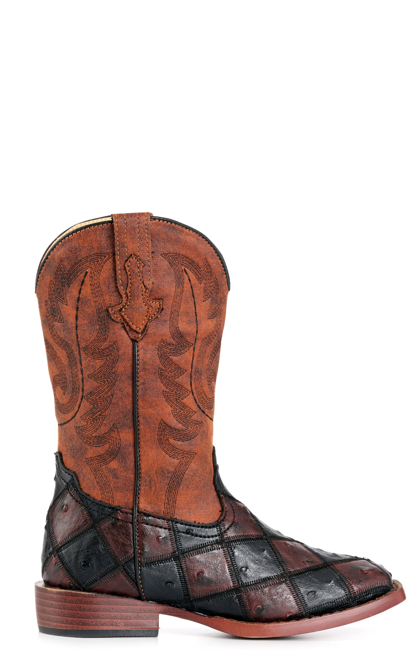 Roper Bird Blocks Youth Burgundy & Black Faux Ostrich Cowboy Boots - Image 1