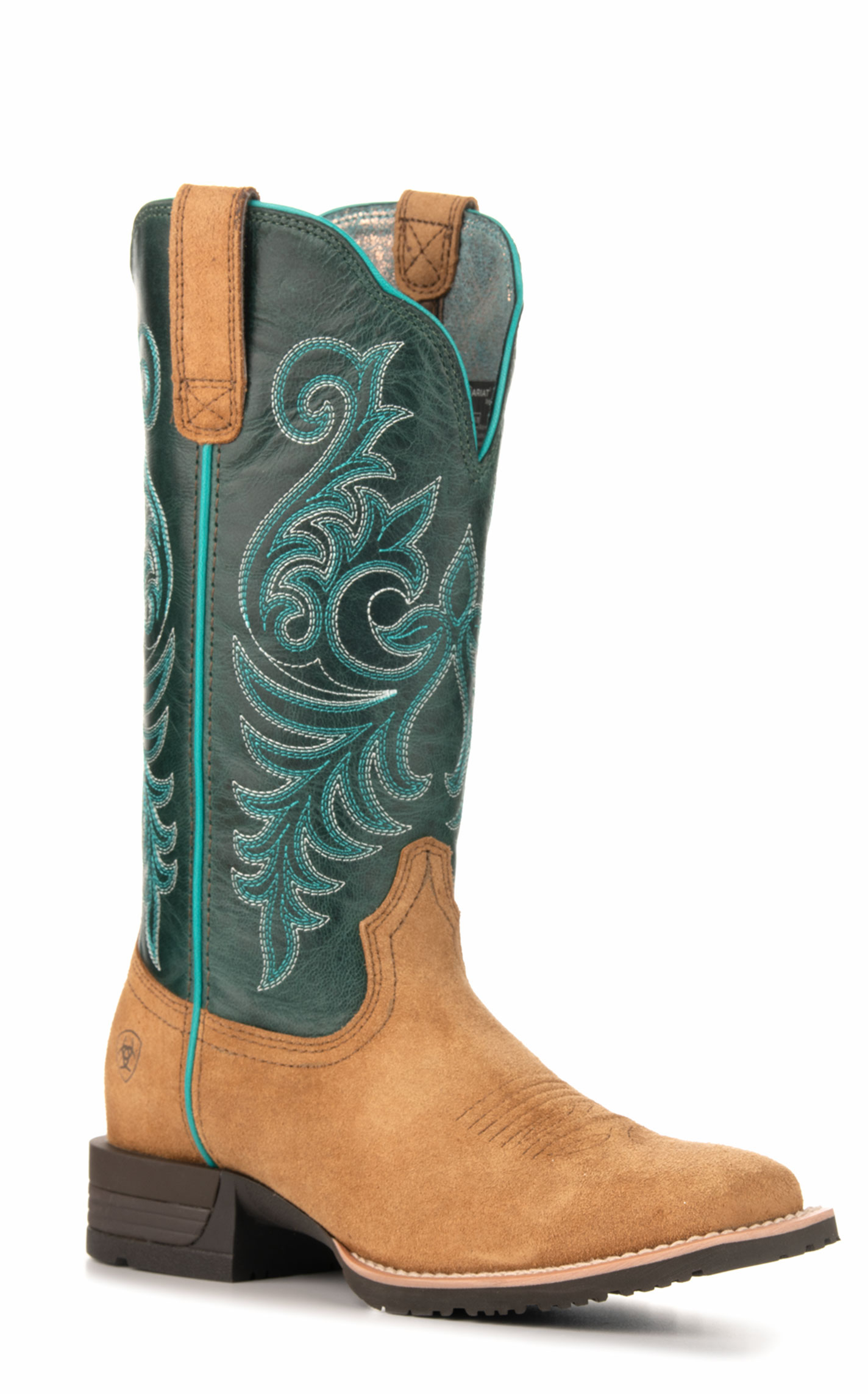 Ariat Women's Hybrid Ranch Time Acorn Tan Roughout and Teal Wide Square Toe Cowboy Boots - Image 1