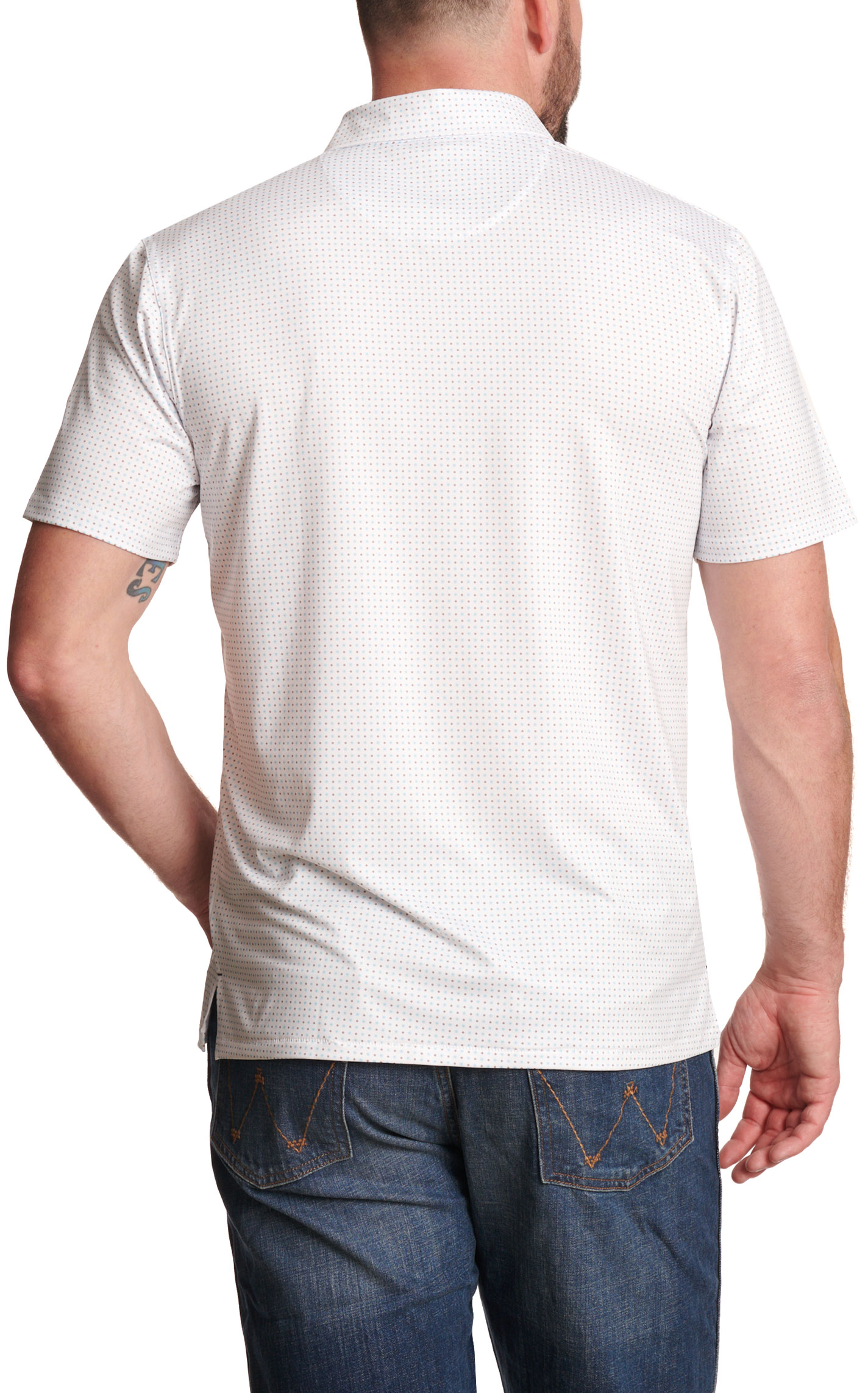 Rafter C Men’s May White Geo Print Polo Shirt - Image 1