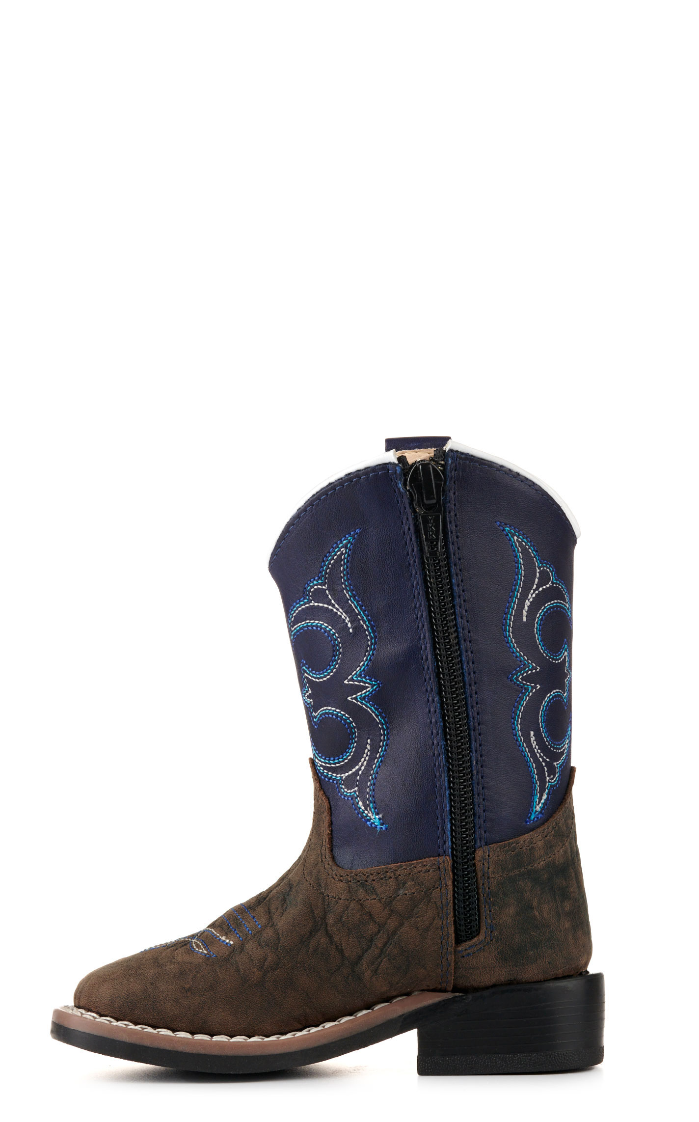 Old West Toddler Dark Brown and Blue Wide Square Toe Cowboy Boots - Image 1