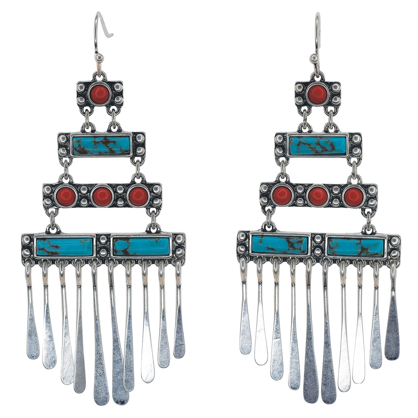 Justin Silver Turquoise & Red Chandelier Earrings - Image 1
