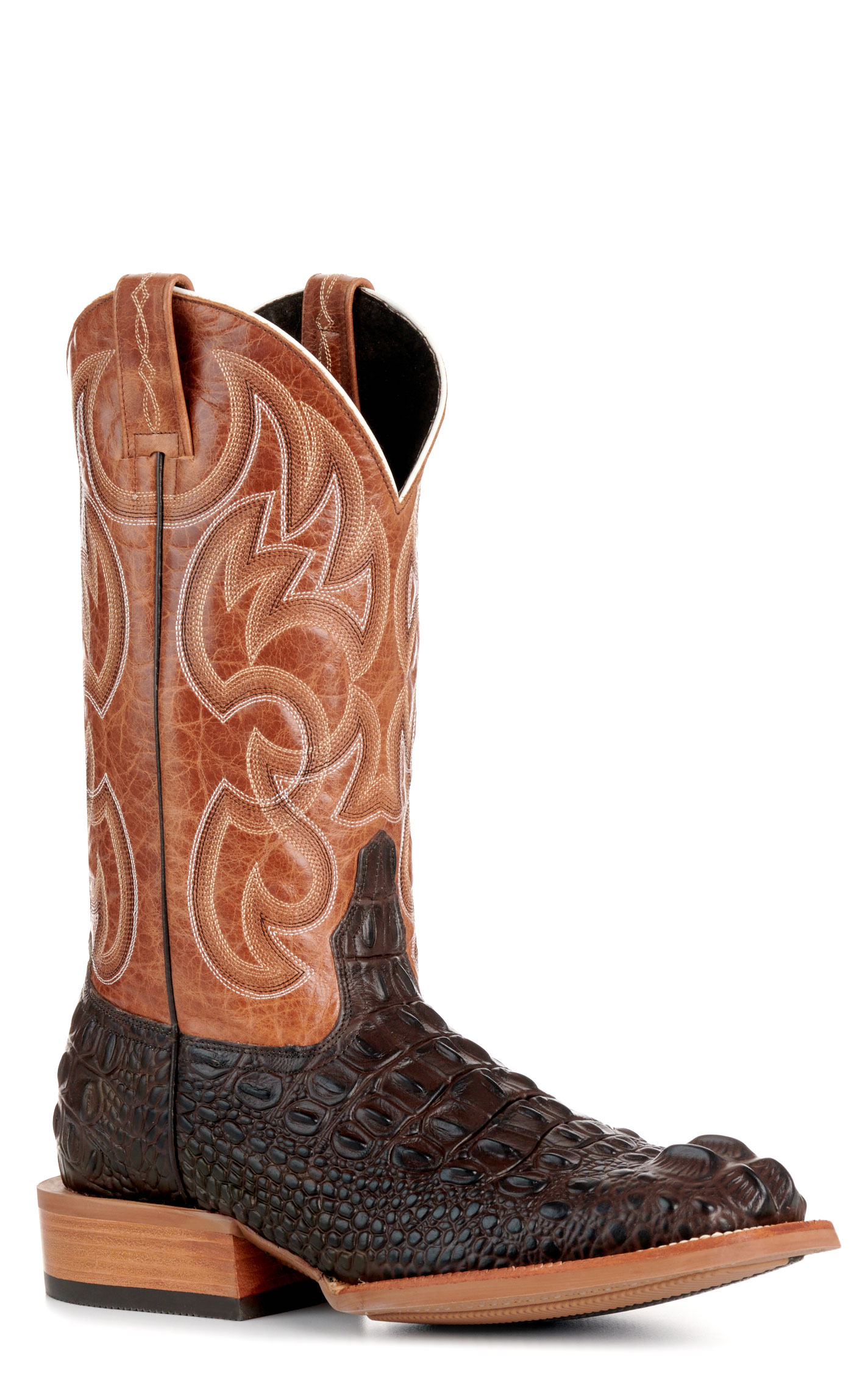 Cavender's Men's Intrepid Chocolate Hornback Alligator Print and Gray Wide Square Toe Cowboy Boot - Image 1