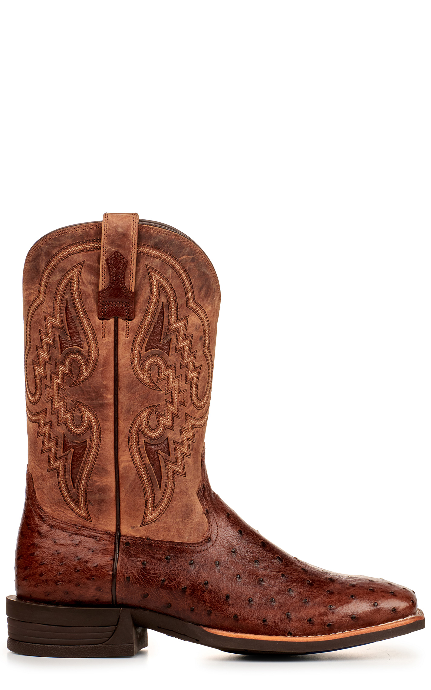 Ariat Men's Dagger Tan and Dark Tabac Full Quill Ostrich Shock Shield Wide Square Toe Exotic Cowboy Boots - Image 1
