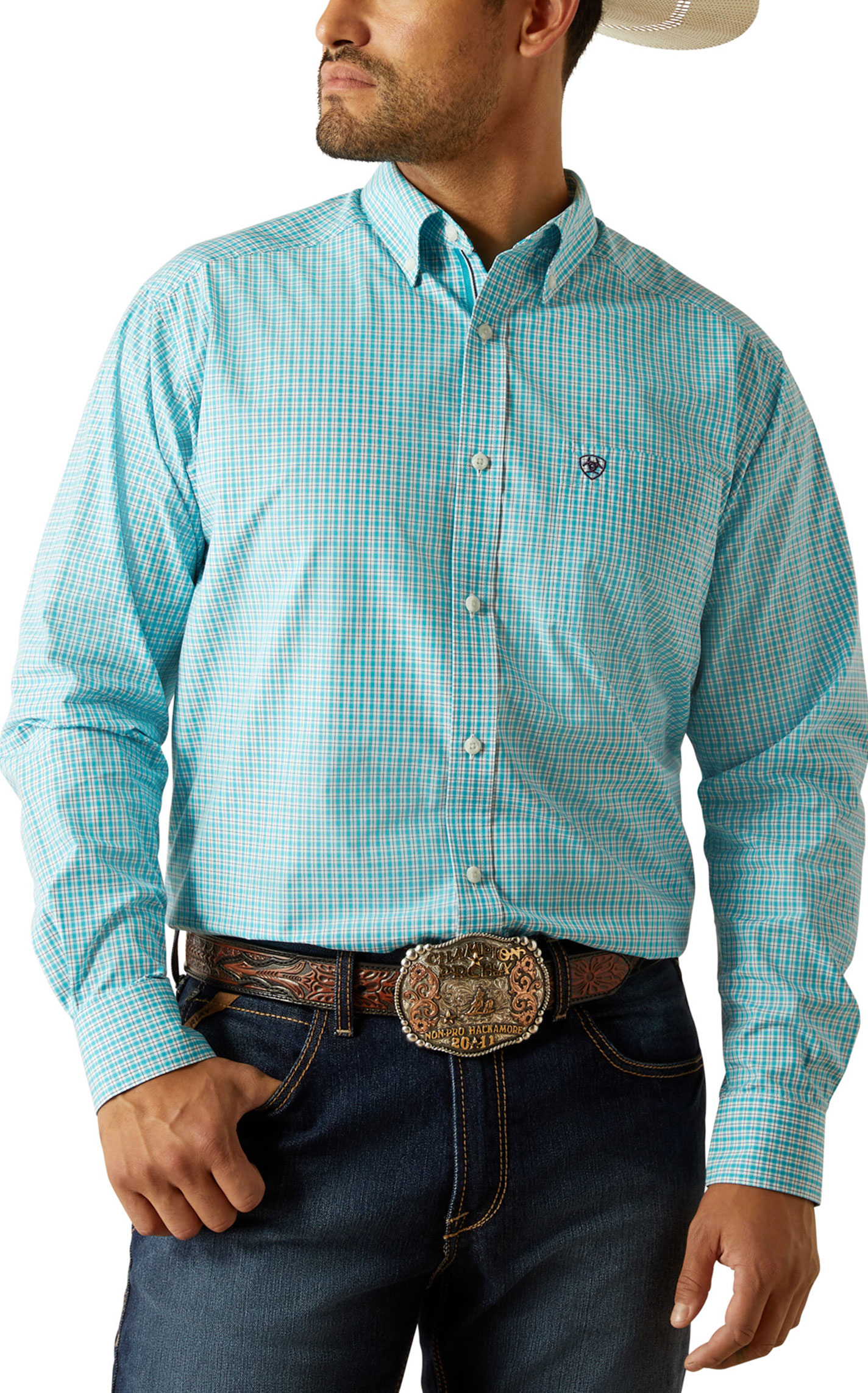 Ariat Pro Series Men's Wilmer Turquoise Plaid Western Shirt - Image 1