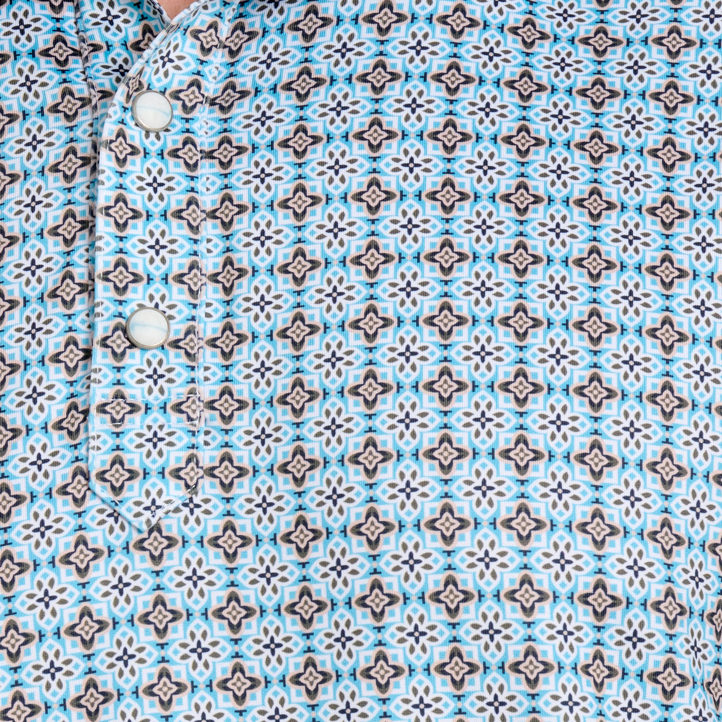 Rafter C Men's Cornflower & Coffee Geo Print Polo Shirt - Image 1