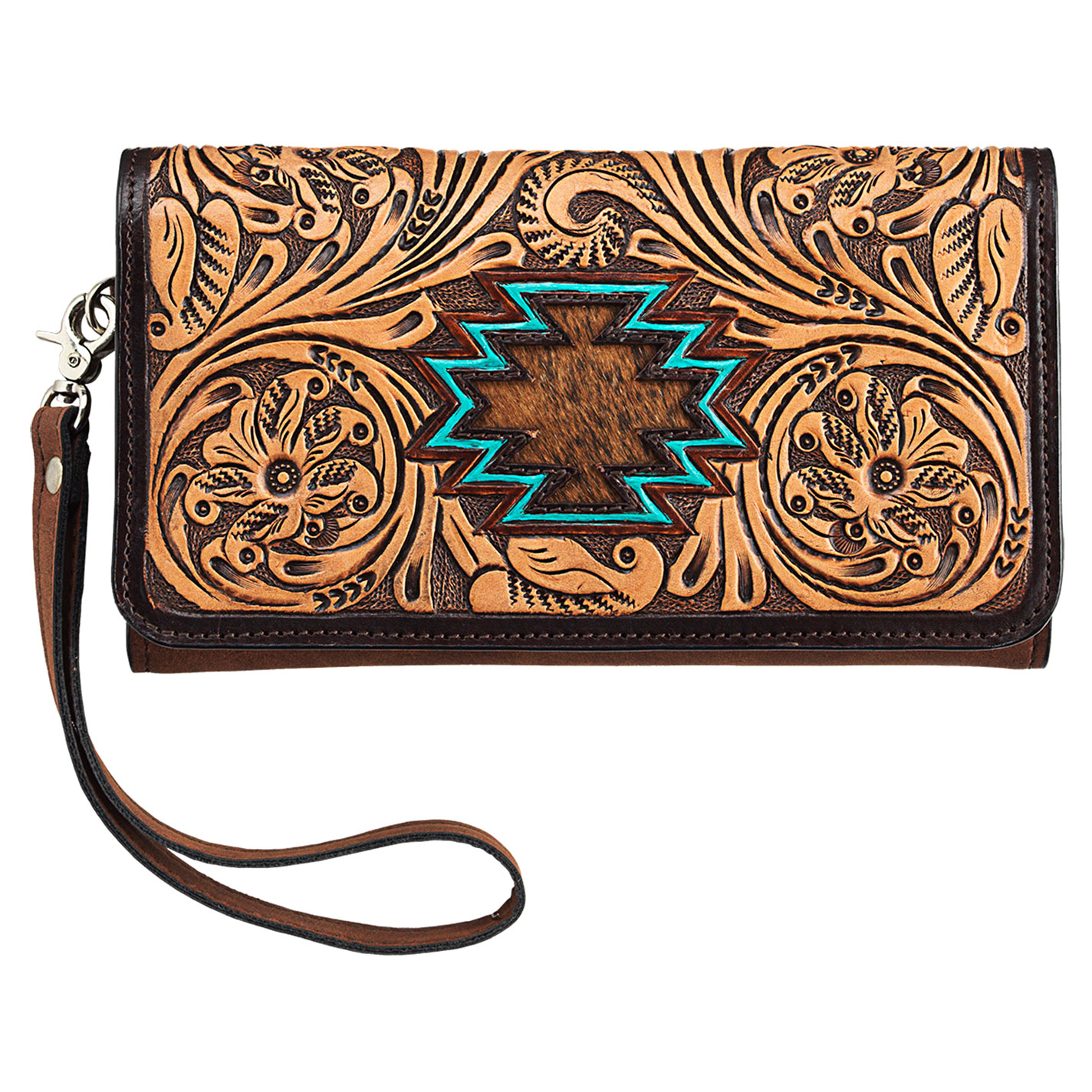 Angel Ranch Selene Aztec & Floral Tooled Wallet Wristlet - Image 1