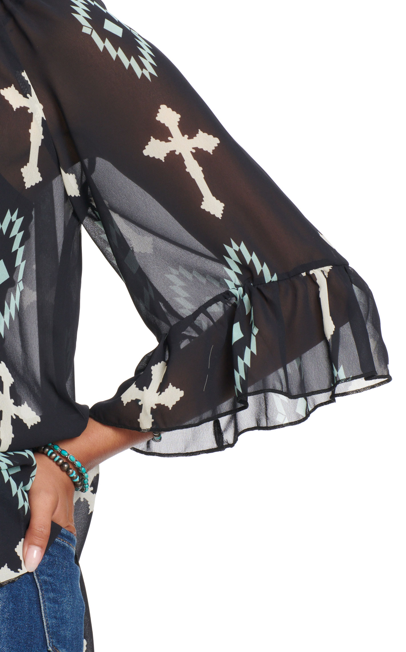 Cowgirl Hardware Women's Black & White Aztec Cross Print Chiffon Top - Image 1