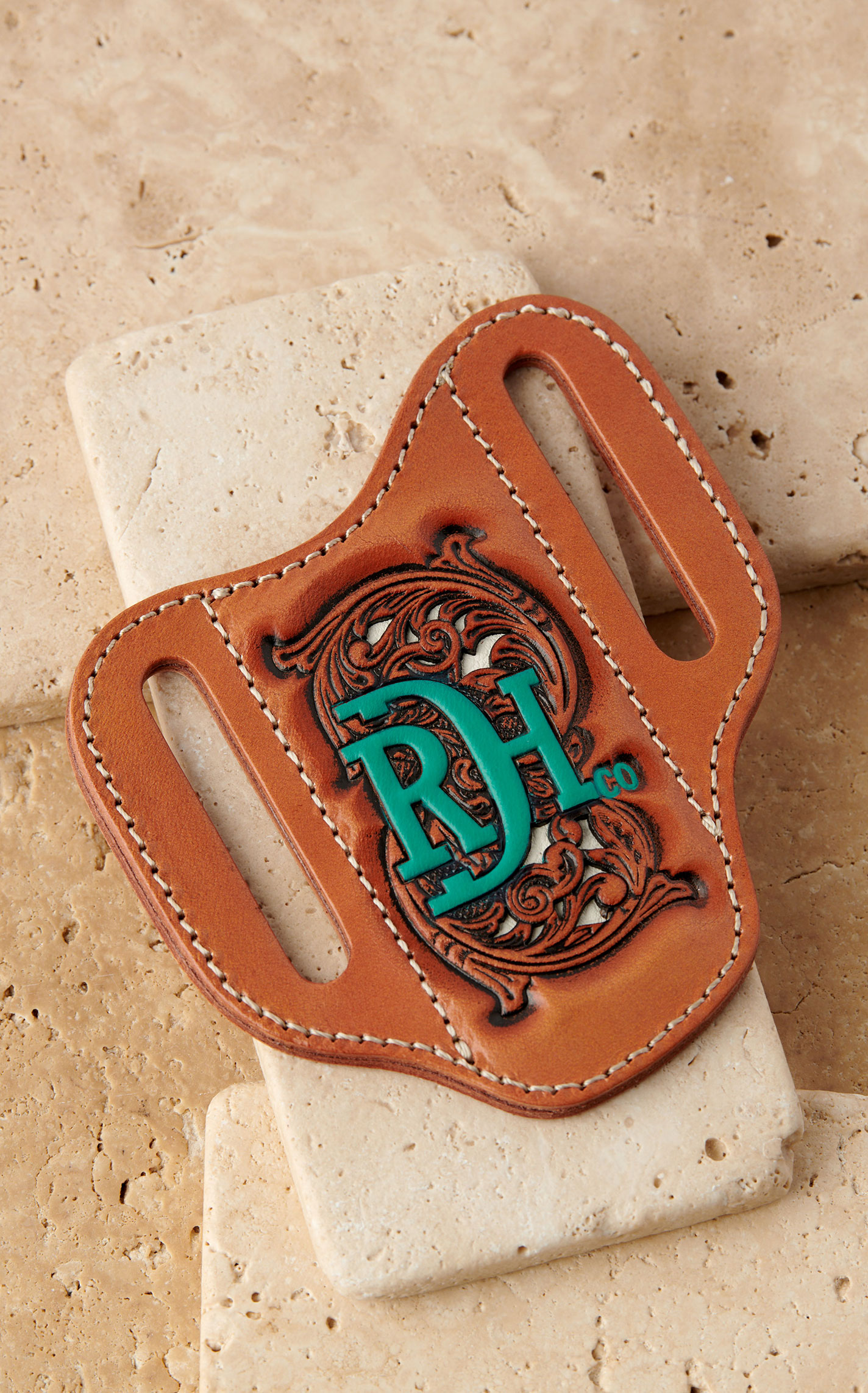 Red Dirt Hat Co. Genuine Leather Western Scrolling Turquoise Logo Pancake Knife Sheath - Image 1