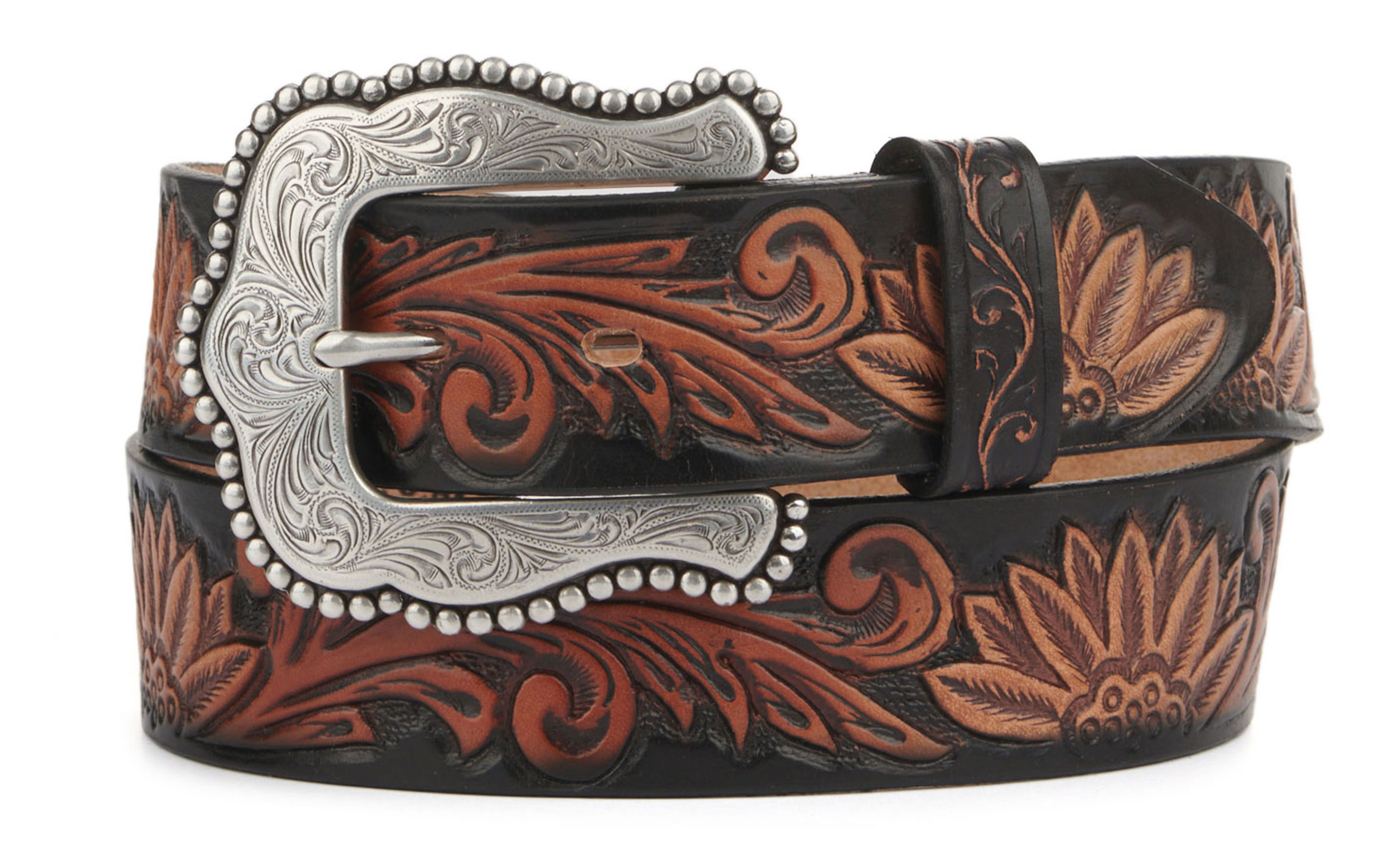 Tony Lama Women's Daisy Delheart Floral Black and Tan Tooled Belt - Image 1