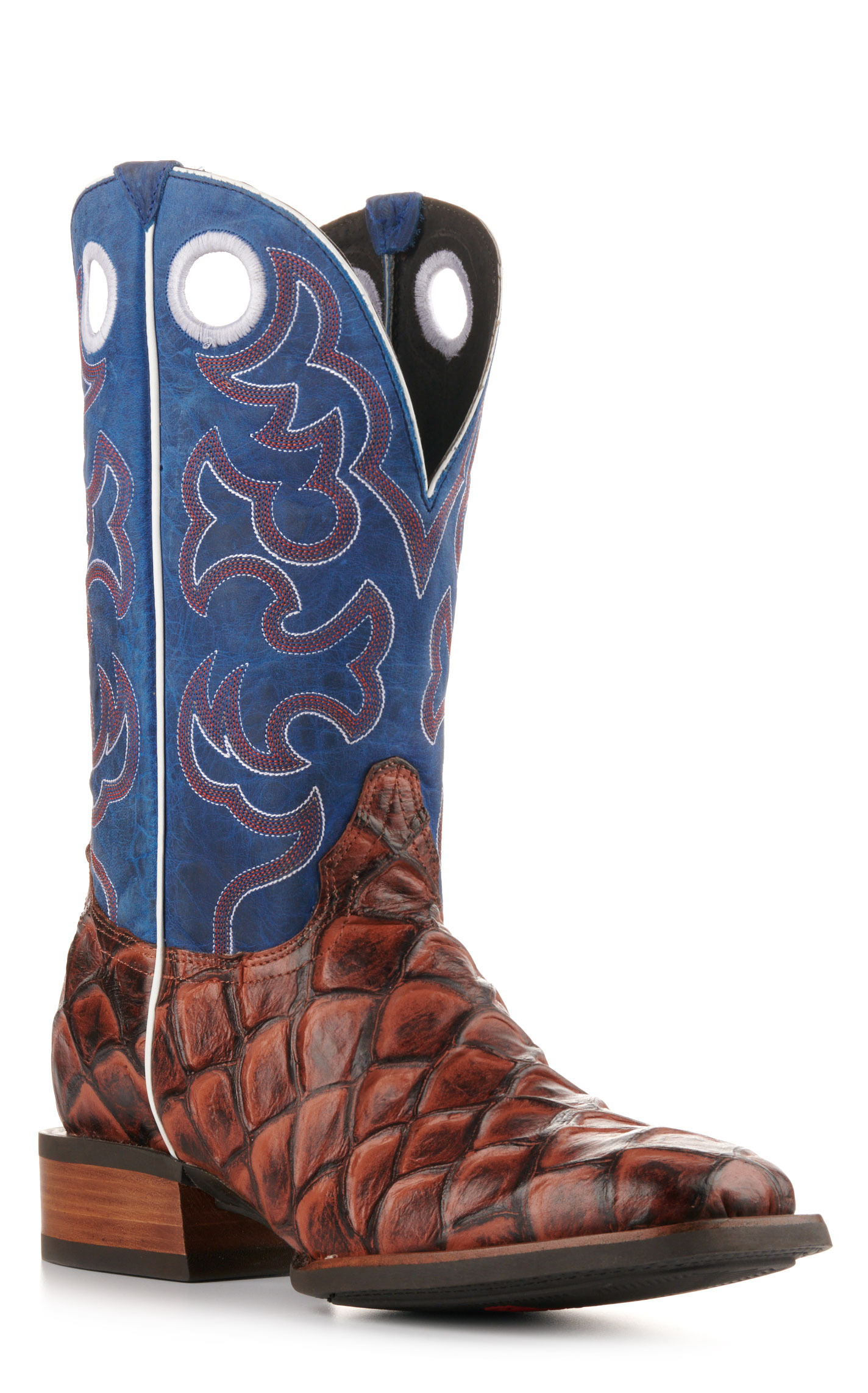 Cavender's Men's Intrepid Rust Pirarucu Print and Blue Wide Square Toe Cowboy Boots - Image 1