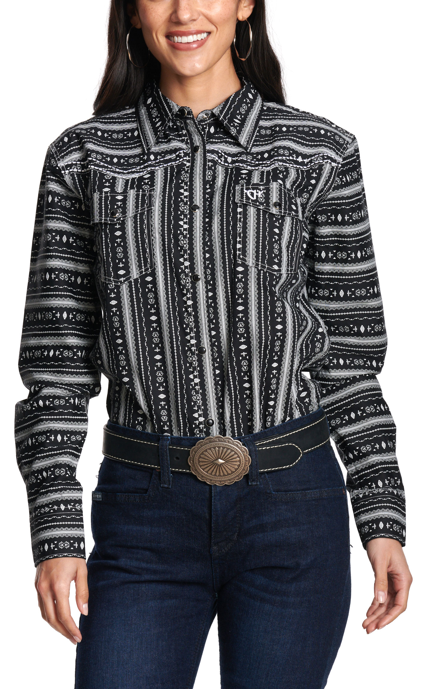 Cowgirl Hardware Women’s Black Striped Aztec Cross Western Shirt - Image 1