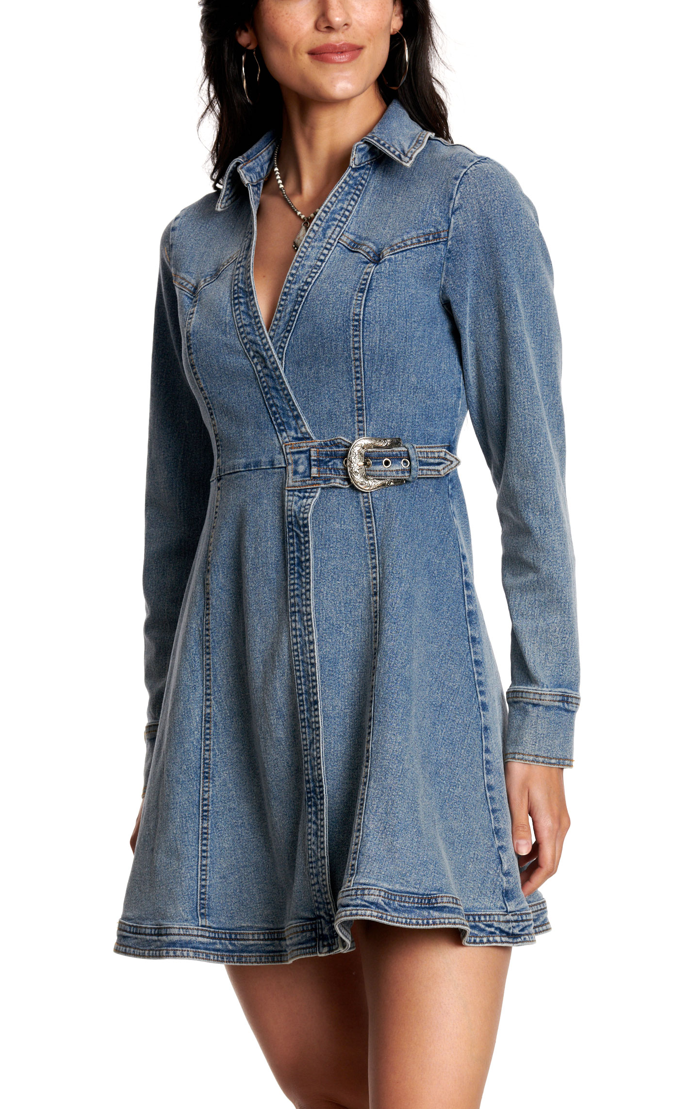 Blue B Women’s Denim Western Buckle Wrap Dress - Image 1