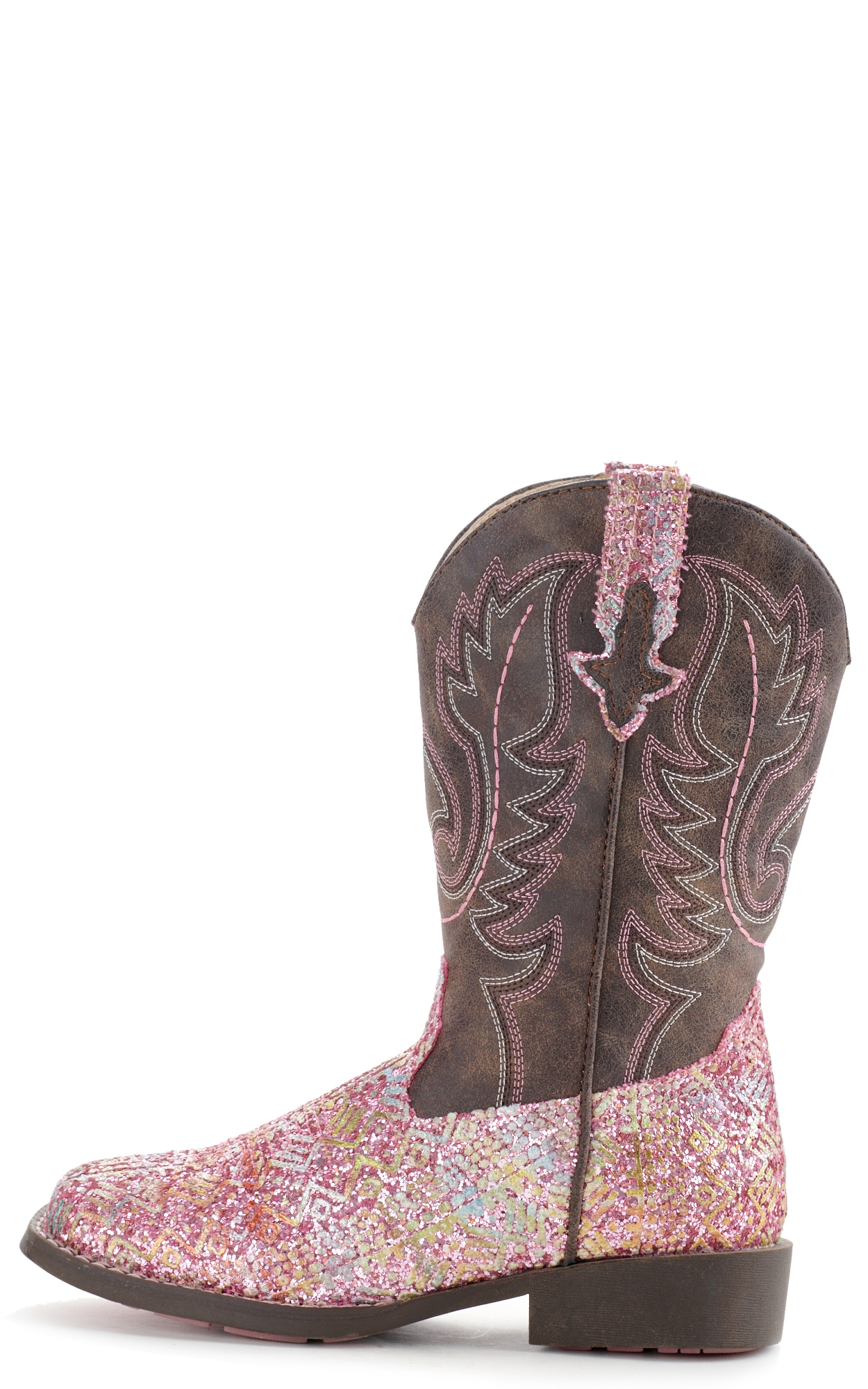 Roper Kids Pink Glitter Aztec Square Toe Cowboy Boot - Image 1