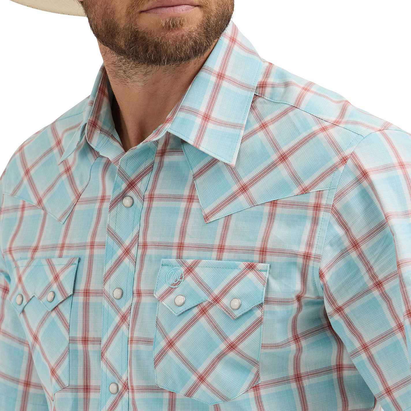 Wrangler Retro Men's Aqua & Rust Plaid Short Sleeve Western Shirt - Image 1