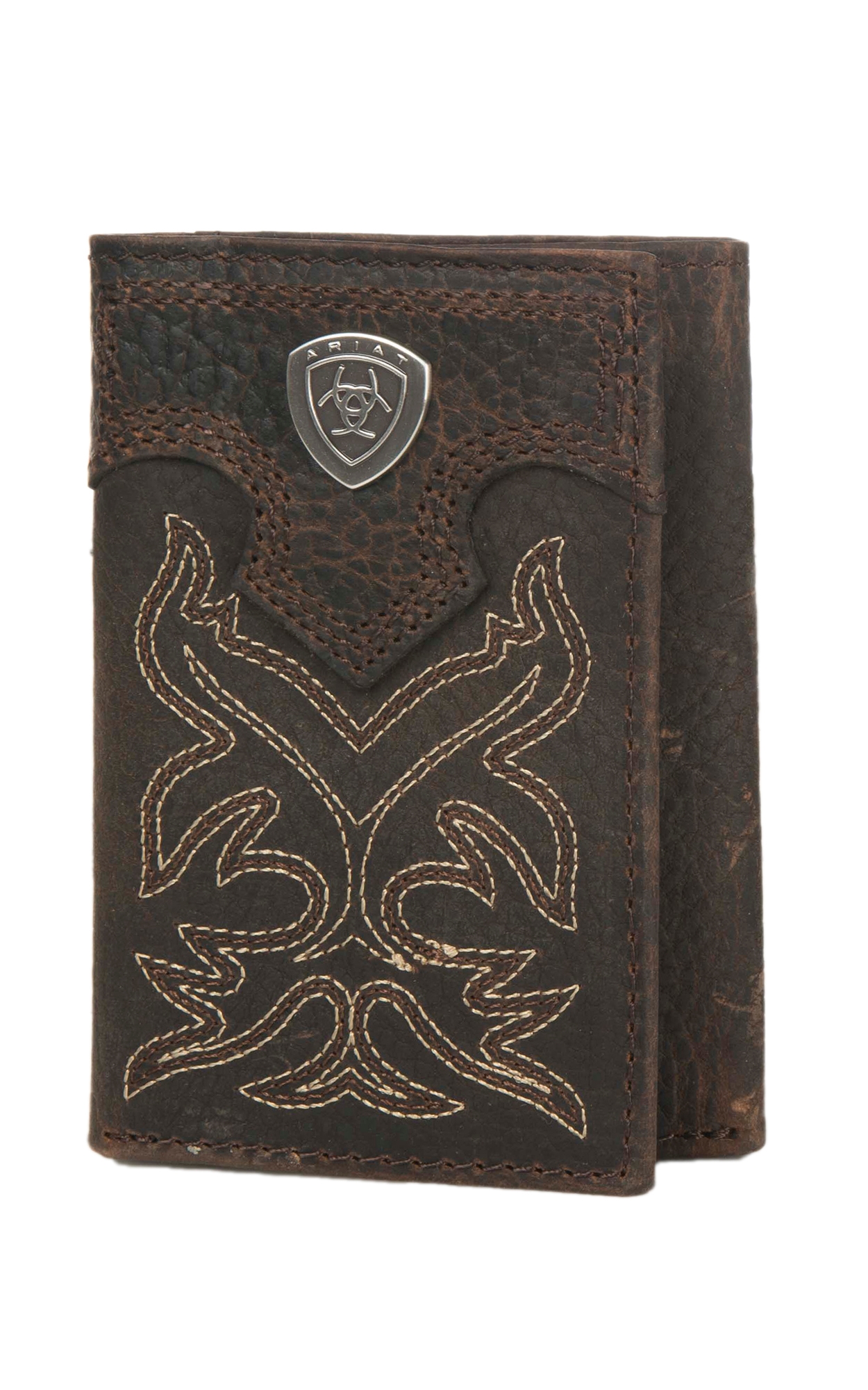 Ariat Brown with Boot Stitching Leather Tri-Fold Wallet - Image 1