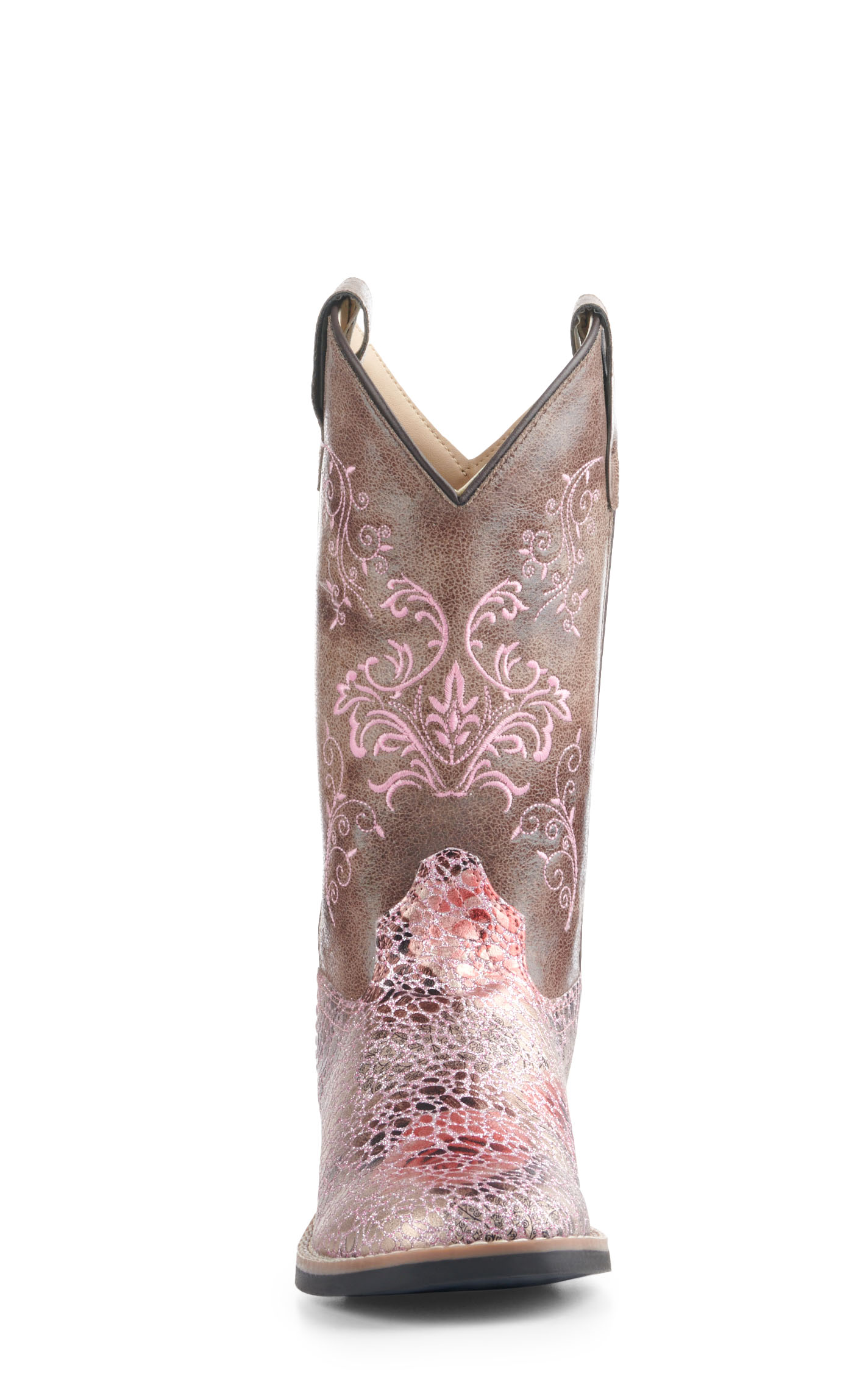 Old West Youth Brown and Crackle Antique Pink Square Toe Cowboy Boots - Image 1
