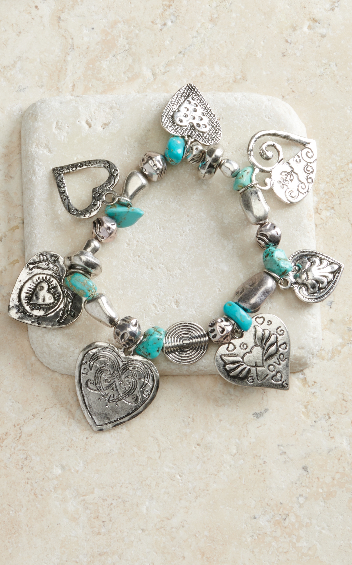 Blazin Roxx Turquoise & Silver Heart Charm Bracelet - Image 1