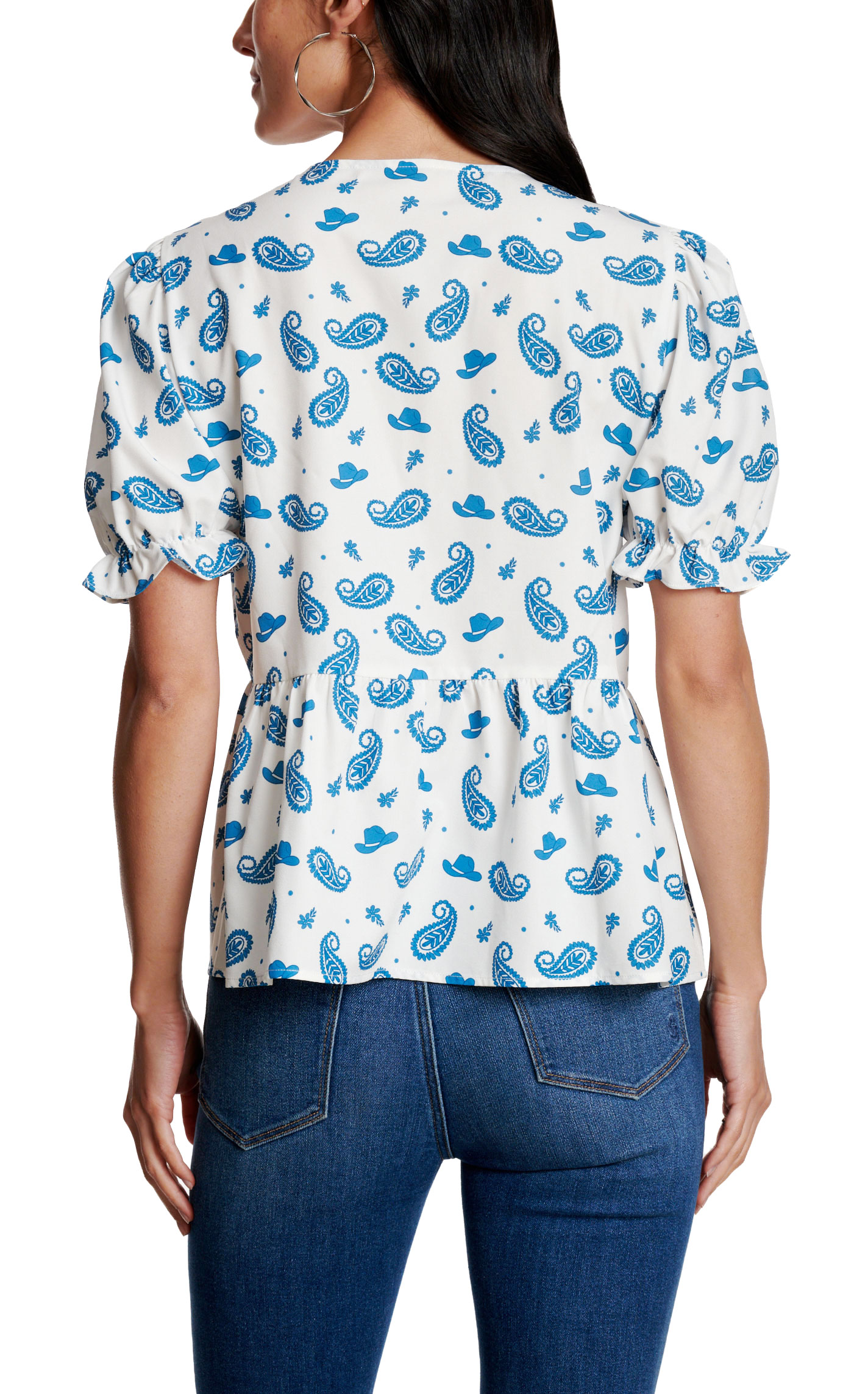 Rockin' C Women's White & Blue Paisley Cowboy Hat Print Top - Image 2