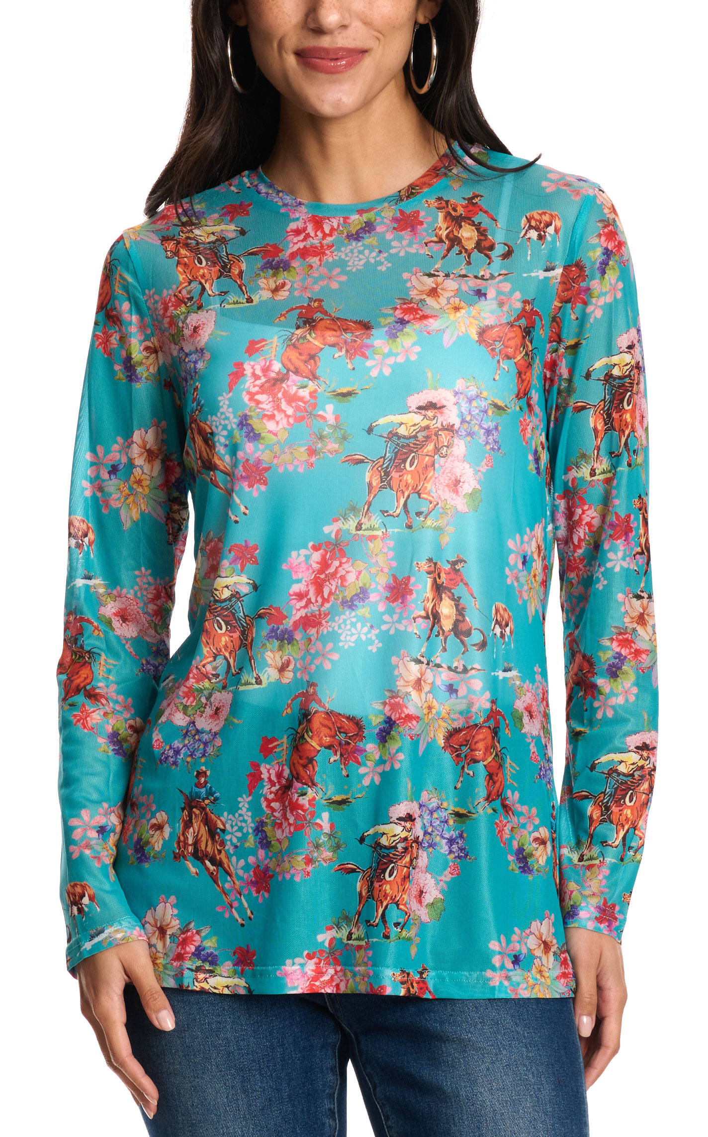 Fashion Express Women's Turquoise Floral Print Mesh Top - Image 1